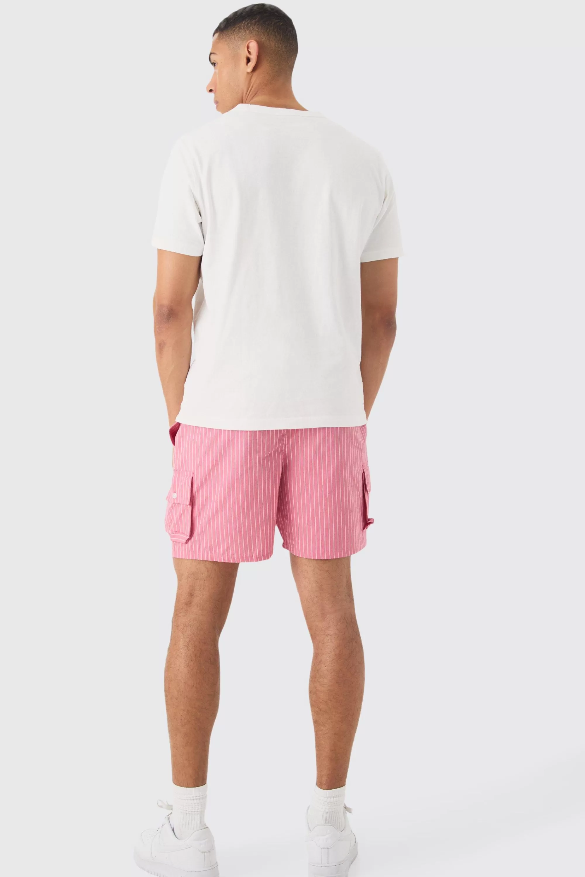 boohooMAN Elasticated Waist Pinstripe Linen Look Short In | UK