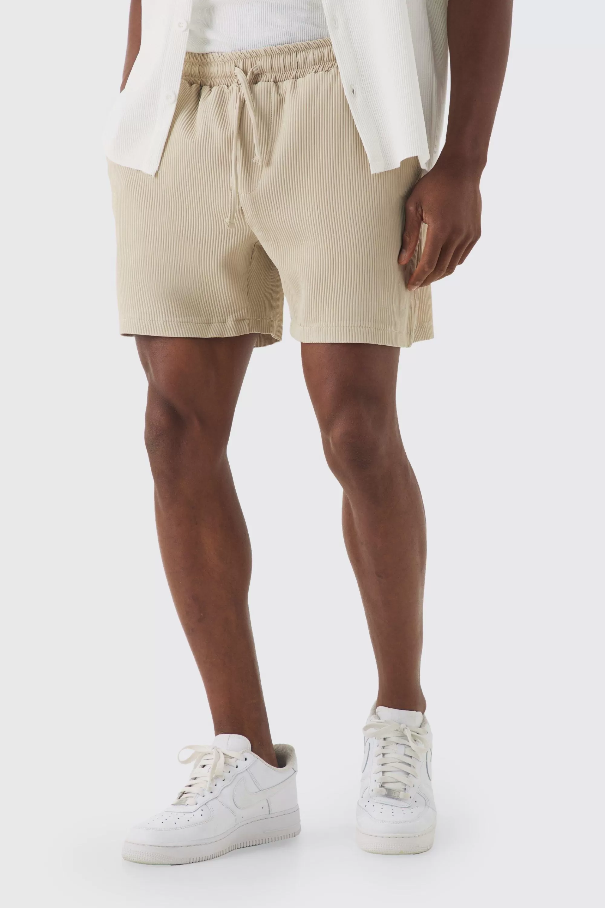 boohooMAN Elasticated Waist Pleated Drawcord Shorts | UK
