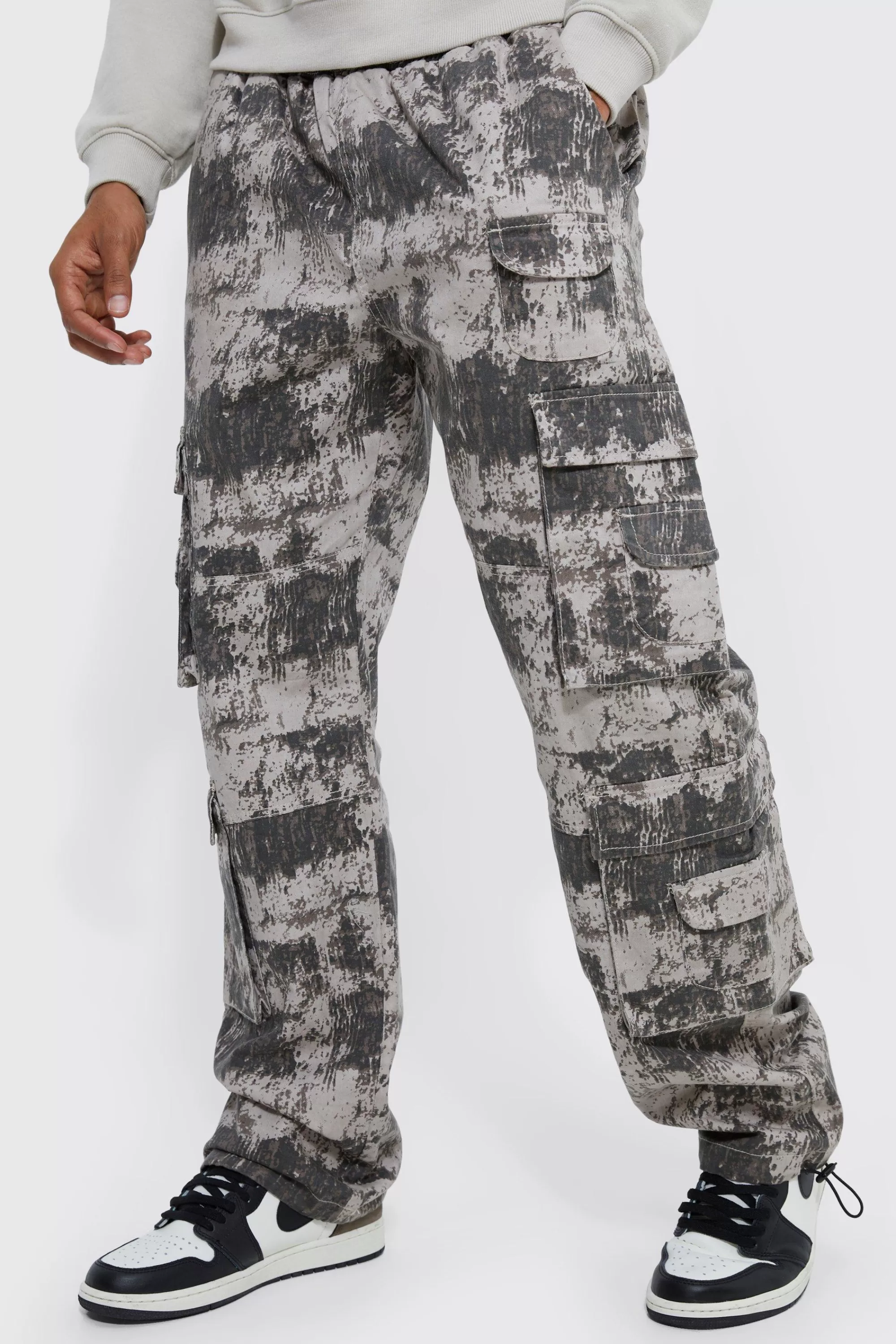 boohooMAN Elasticated Waist Printed Pocket Stacked Cargo Trousers | UK
