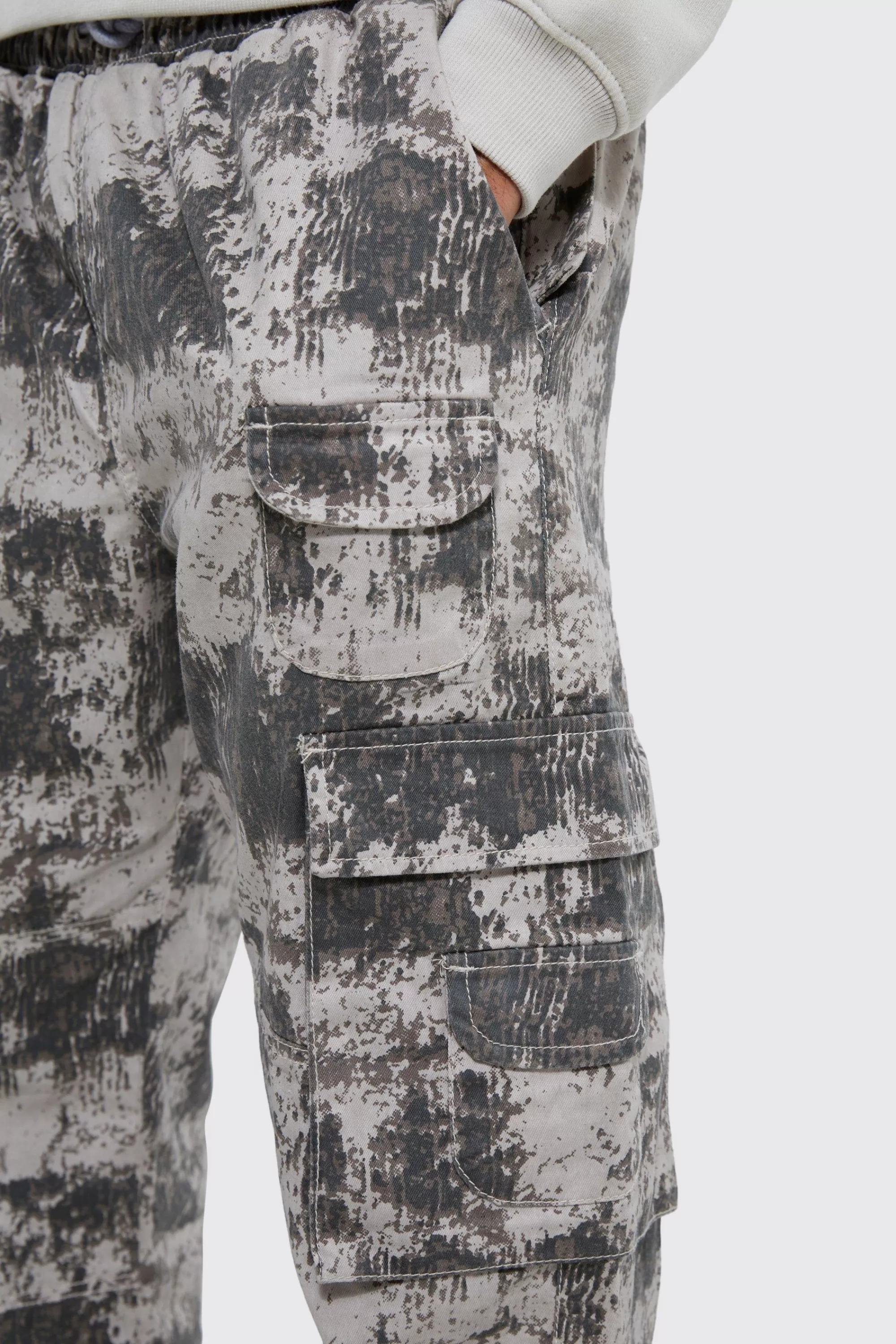 boohooMAN Elasticated Waist Printed Pocket Stacked Cargo Trousers | UK