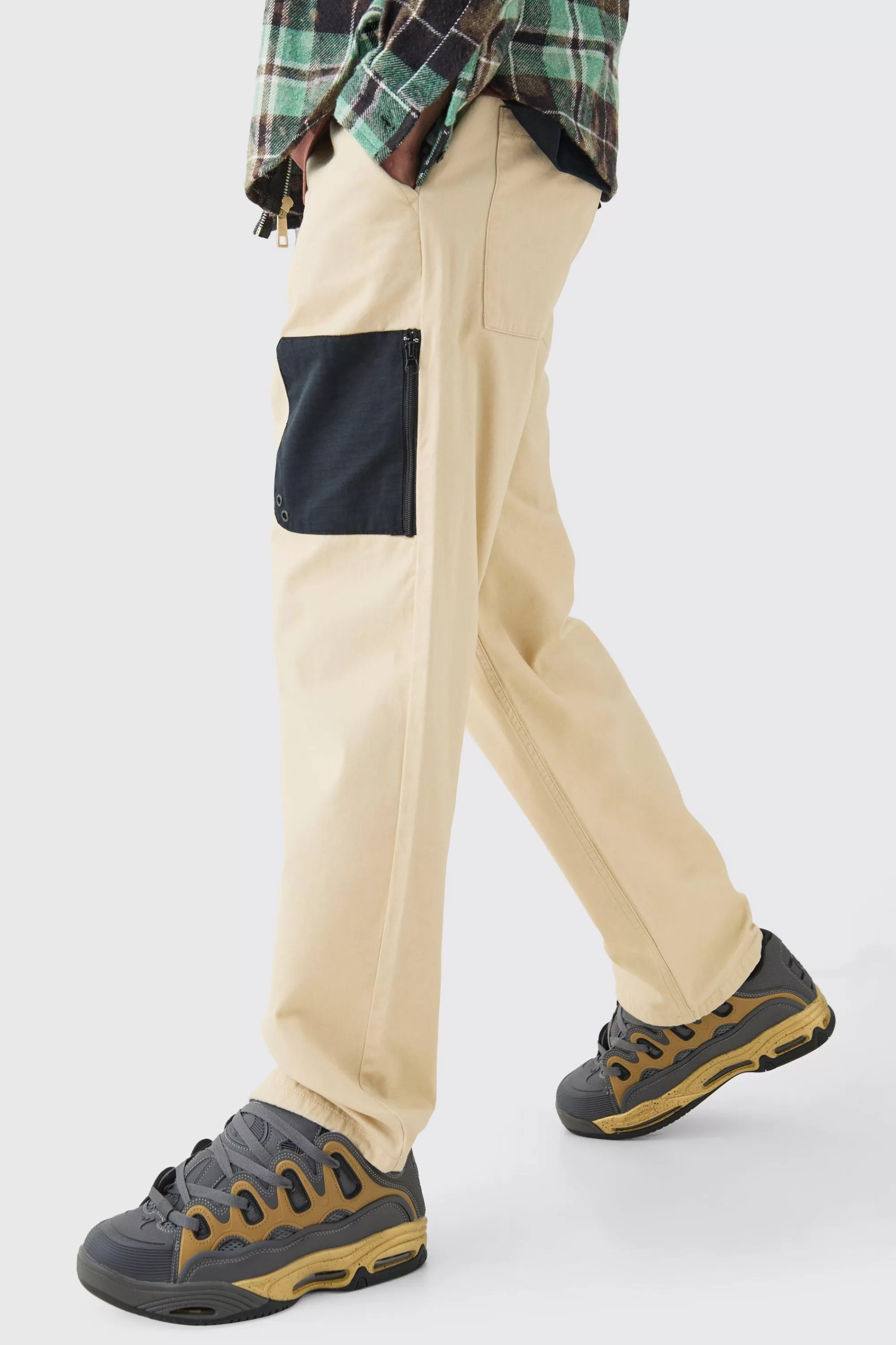 boohooMAN Elasticated Waist Relaxed Fit Belted Peached Twill Trouser | UK