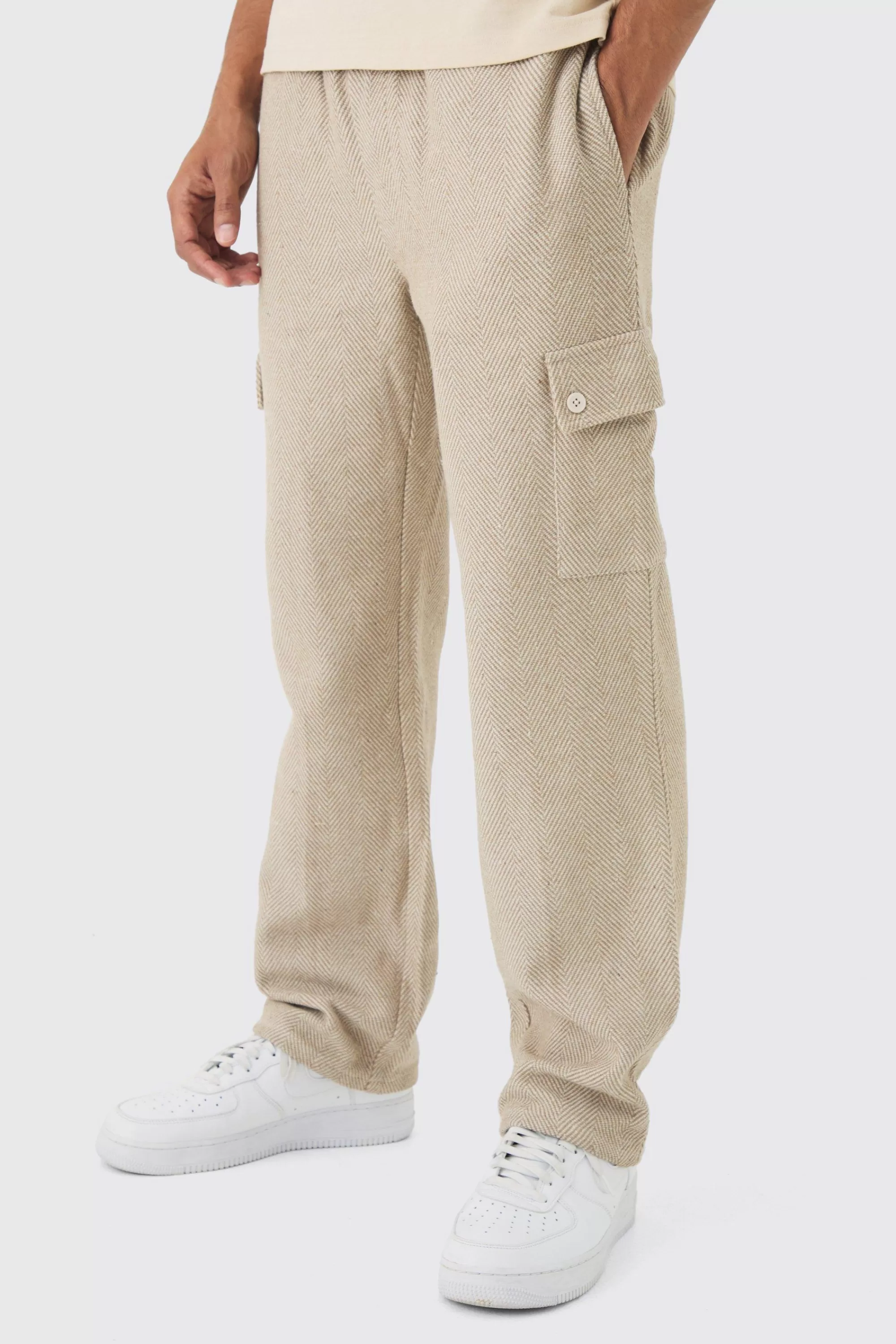 boohooMAN Elasticated Waist Relaxed Herringbone Textured Cargo Trousers | UK