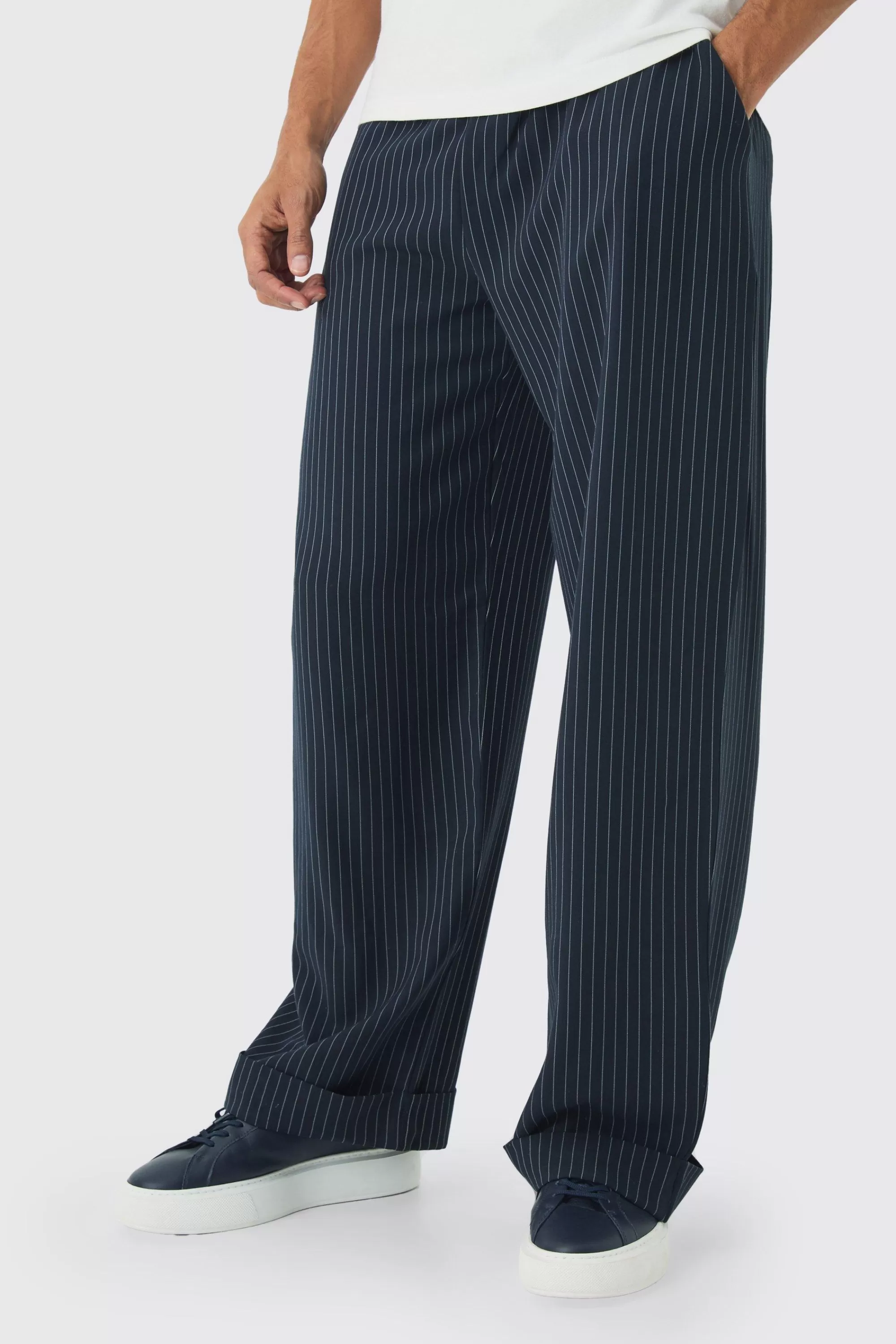 boohooMAN Elasticated Waist Relaxed Pinstripe Turn Up Hem Trousers | UK