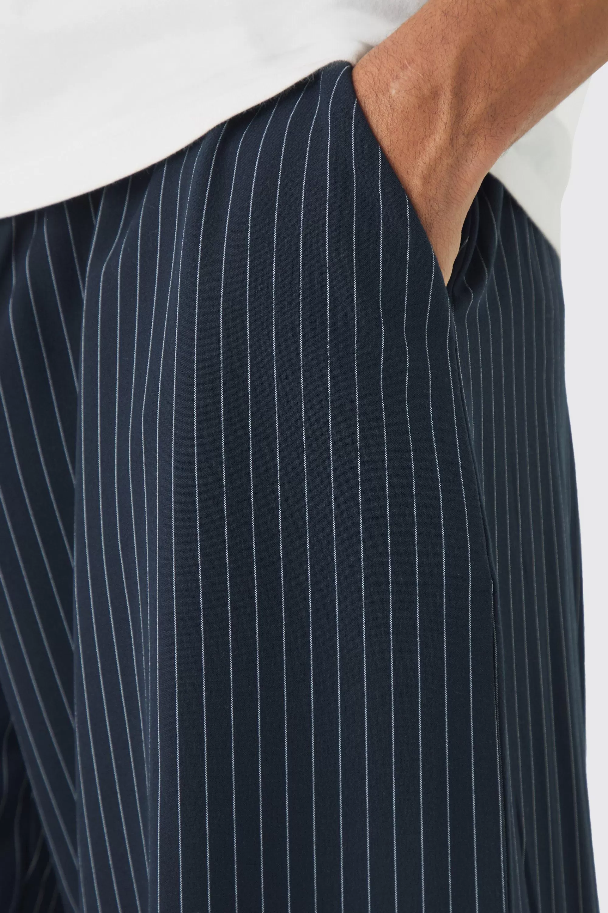 boohooMAN Elasticated Waist Relaxed Pinstripe Turn Up Hem Trousers | UK
