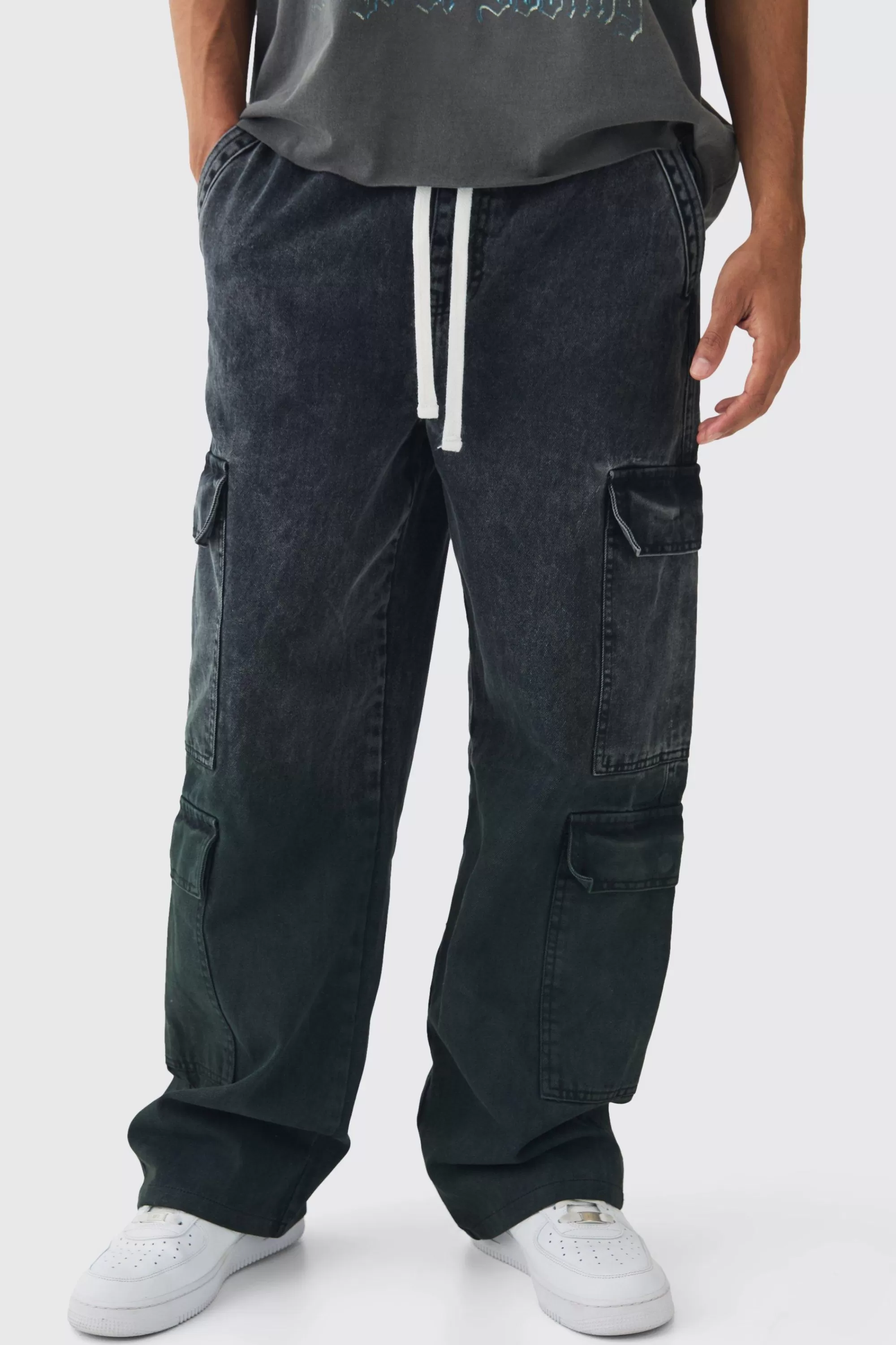 boohooMAN Elasticated Waist Relaxed Rigid Ombre Cargo Denim Jeans | UK