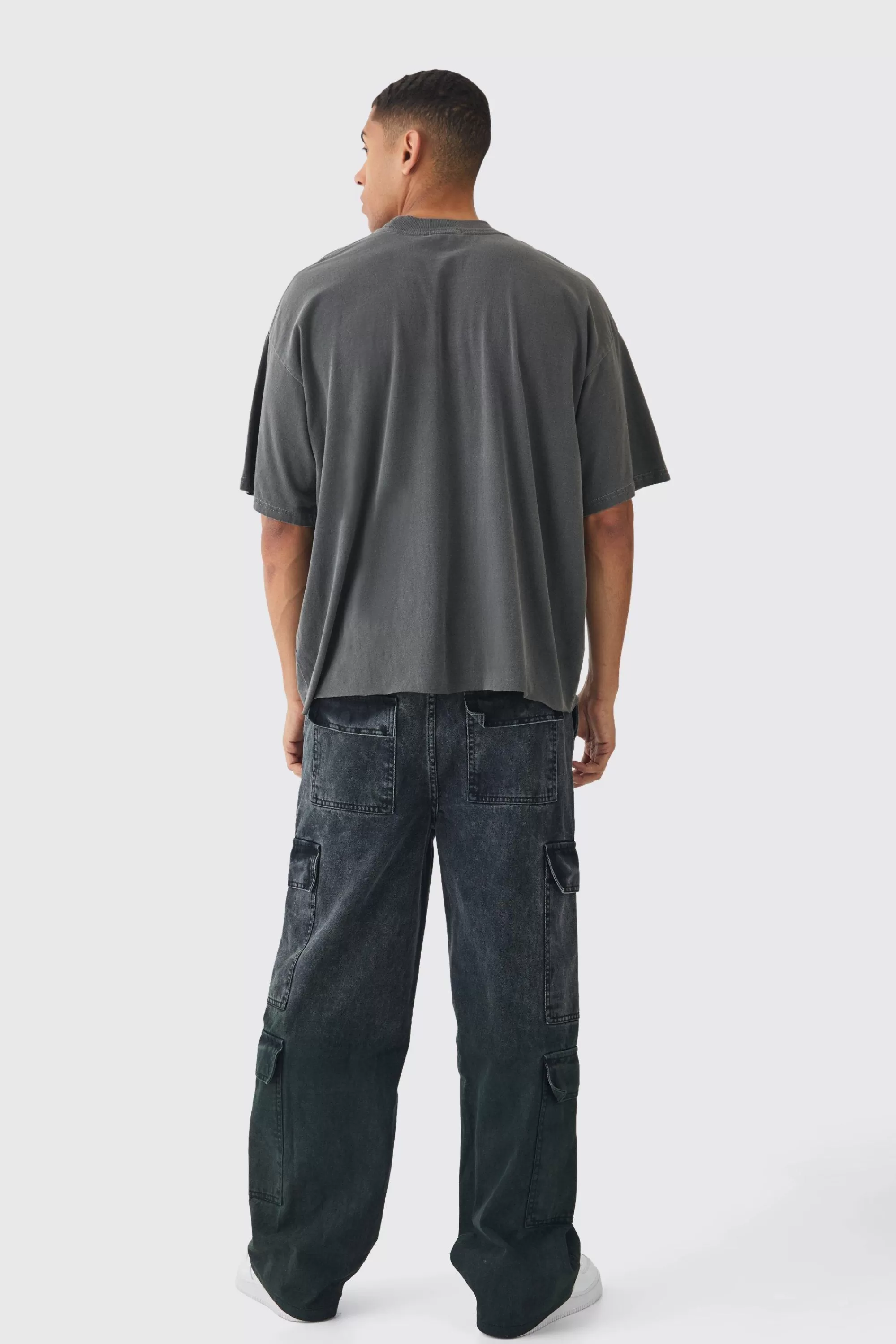boohooMAN Elasticated Waist Relaxed Rigid Ombre Cargo Denim Jeans | UK