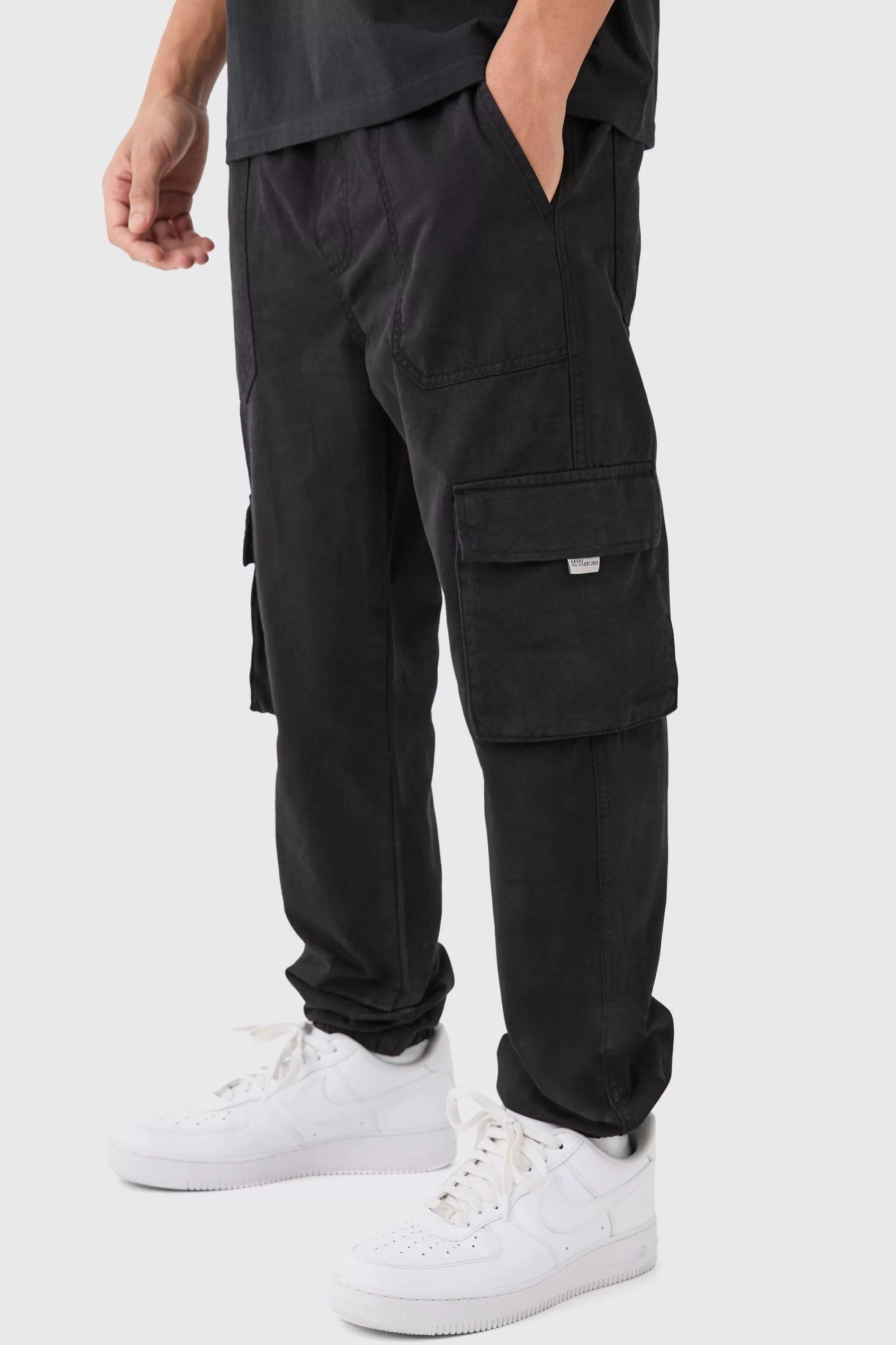 boohooMAN Elasticated Waist Slim Fit Branded Cargo Jogger | UK