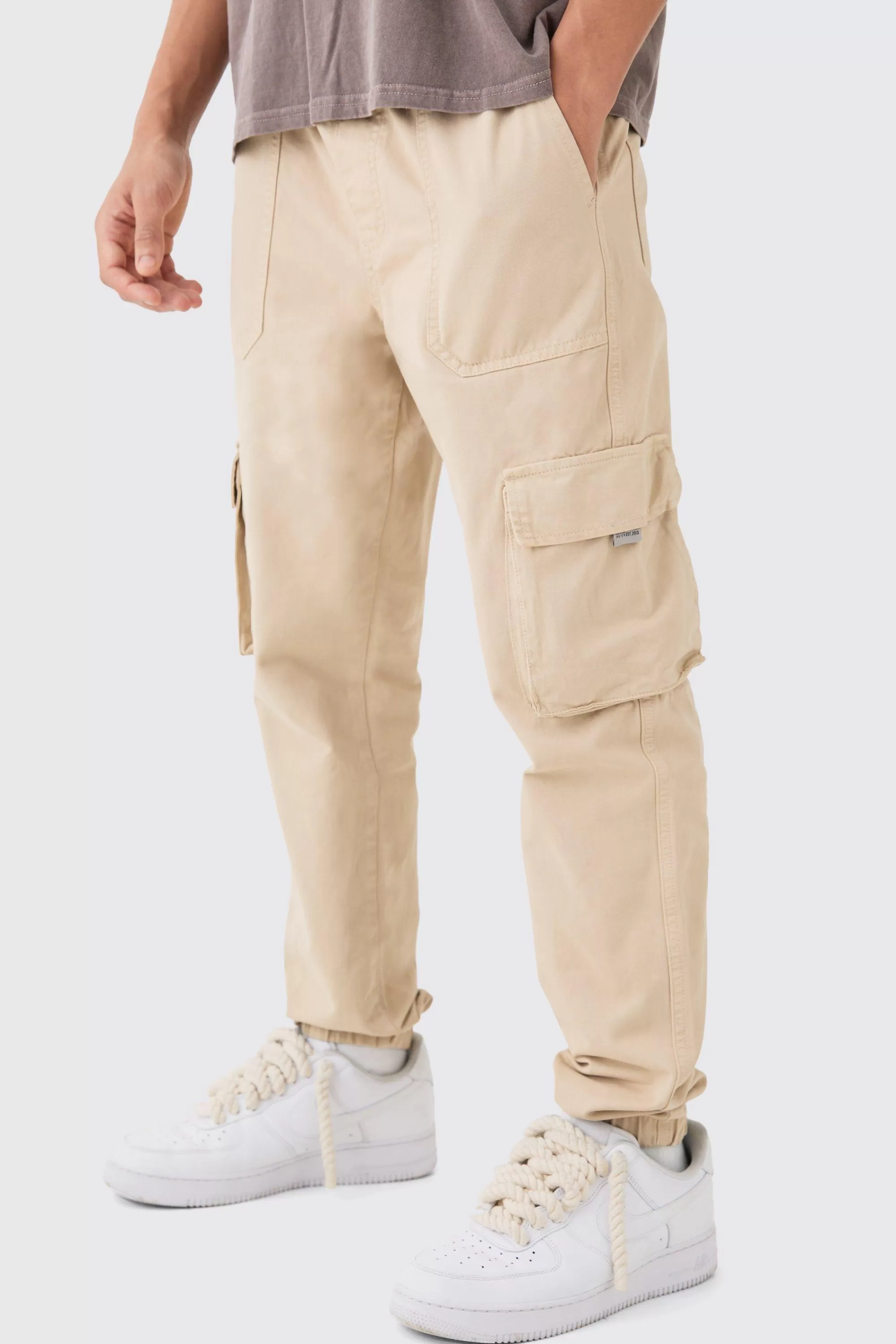 boohooMAN Elasticated Waist Slim Fit Branded Cargo Jogger | UK