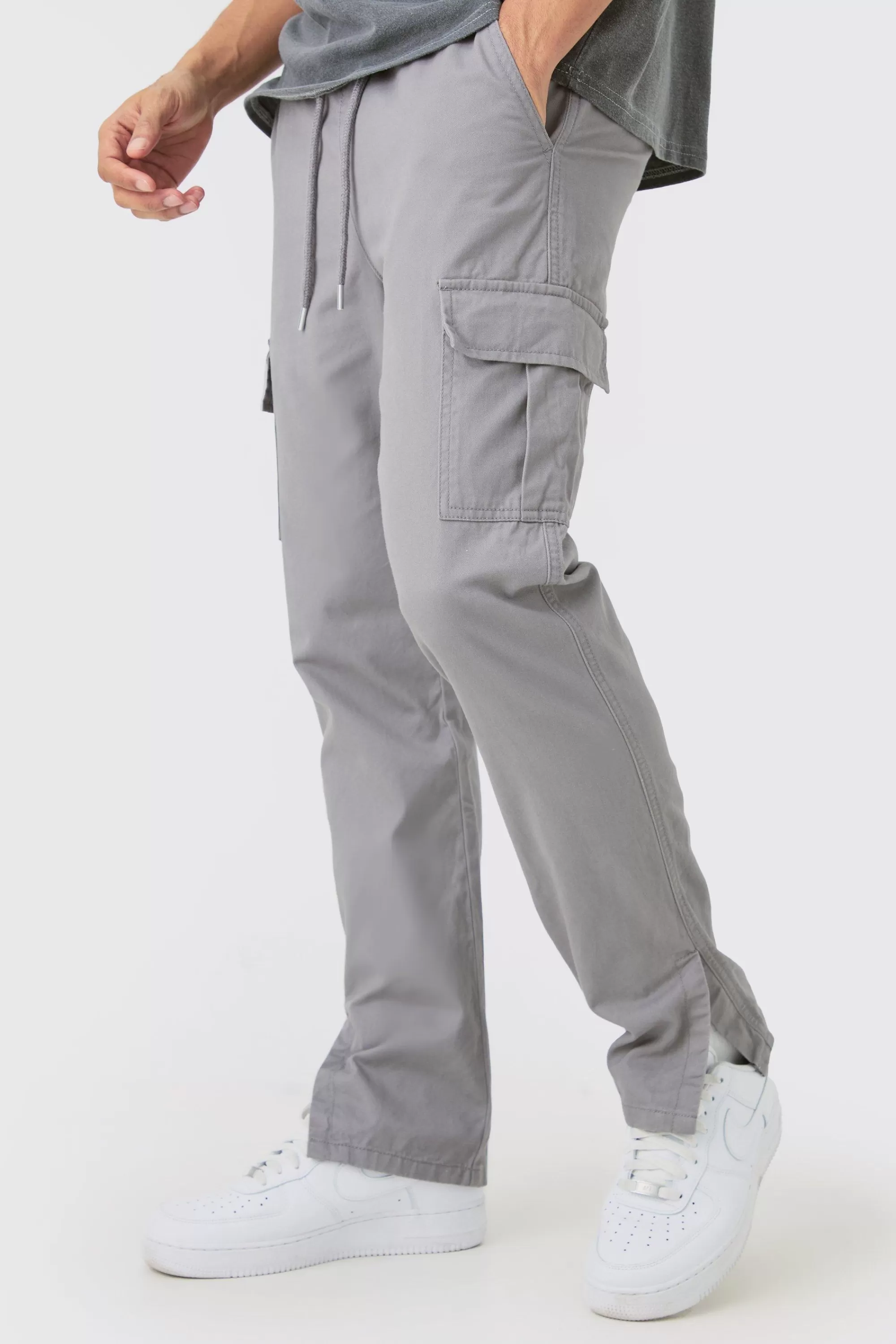 boohooMAN Elasticated Waist Slim Fit Cargo Split Hem Trouser | UK