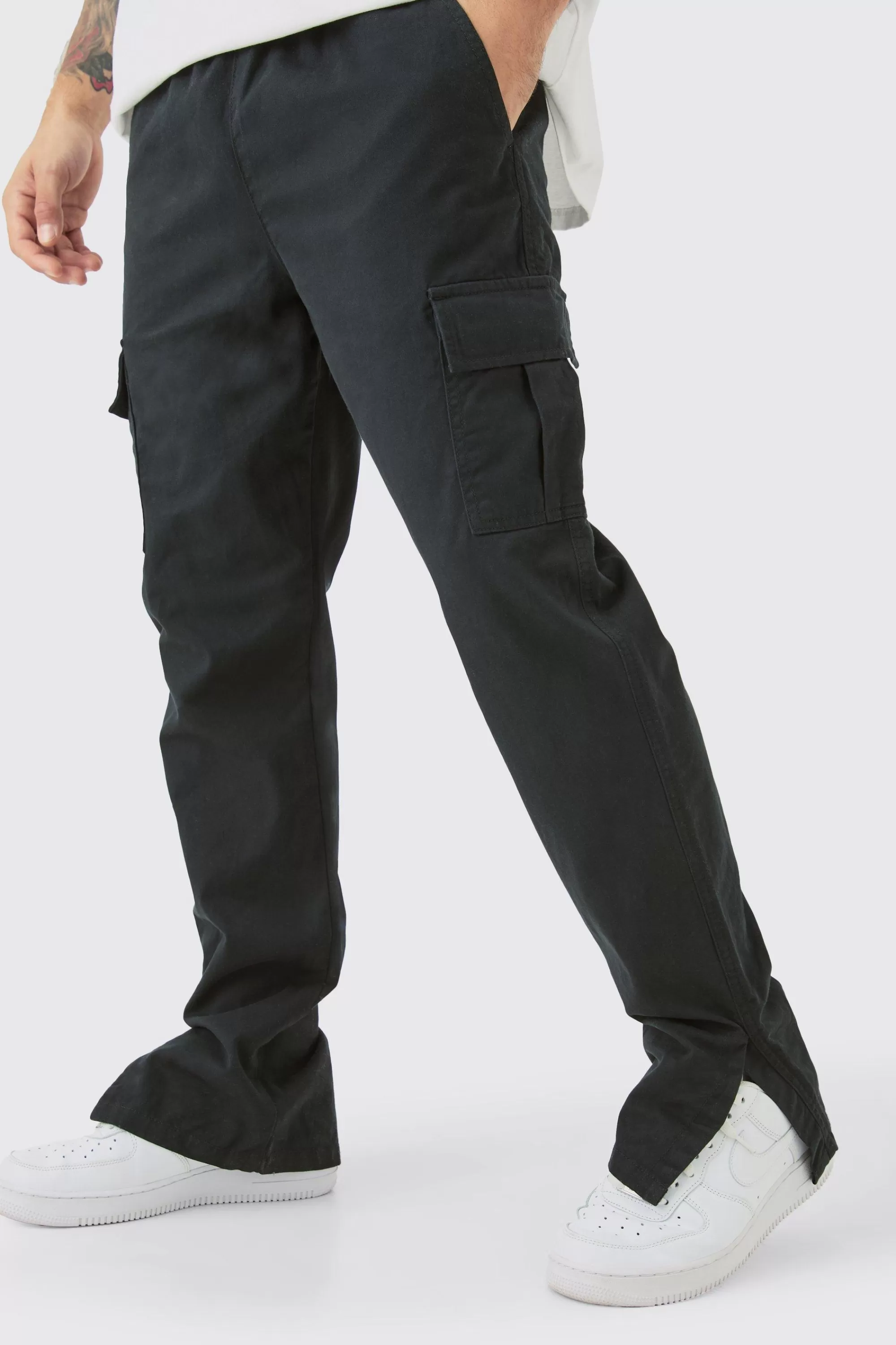 boohooMAN Elasticated Waist Slim Fit Cargo Split Hem Trouser | UK