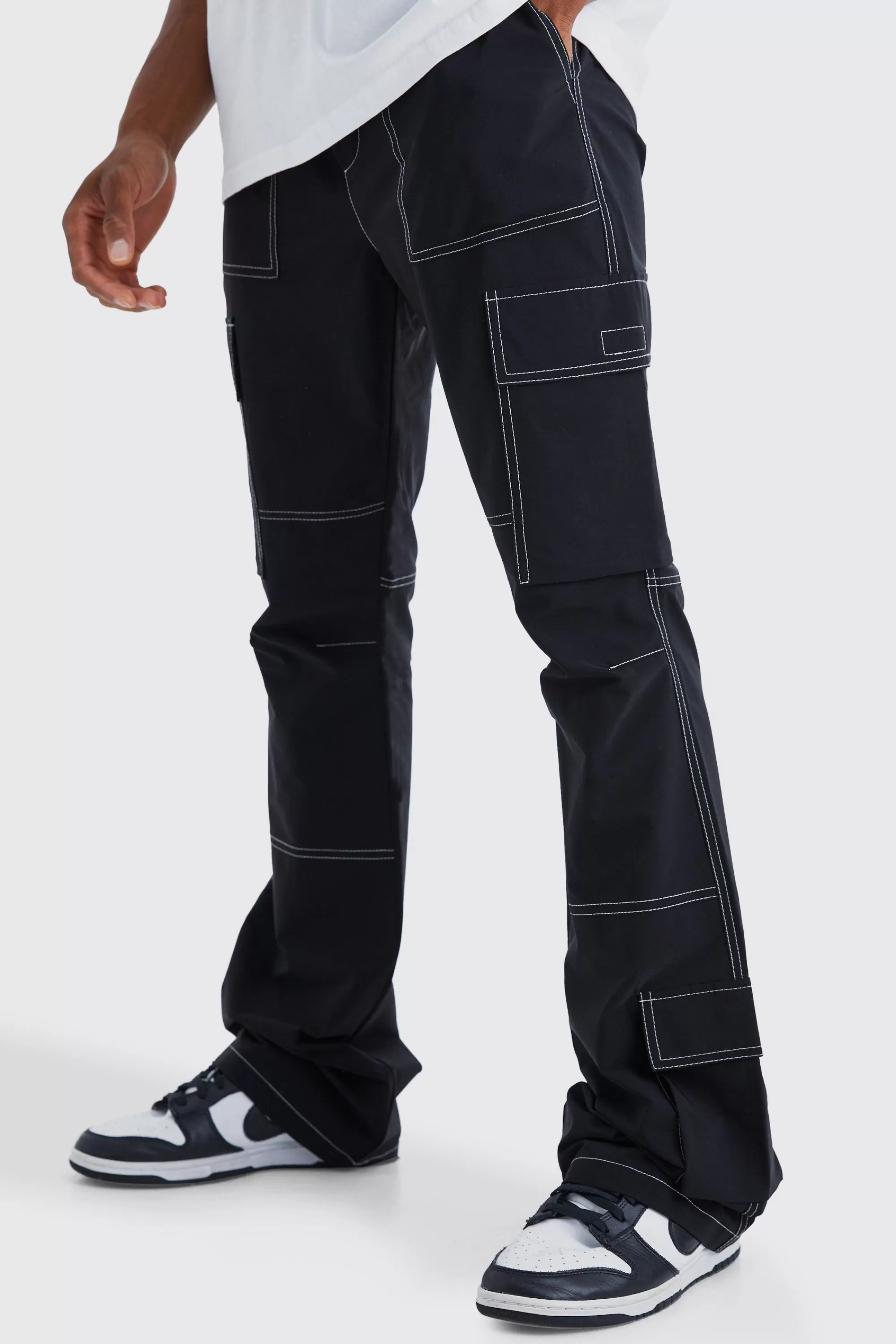 boohooMAN Elasticated Waist Slim Flare Contrast Stitch Cargo Trouser | UK