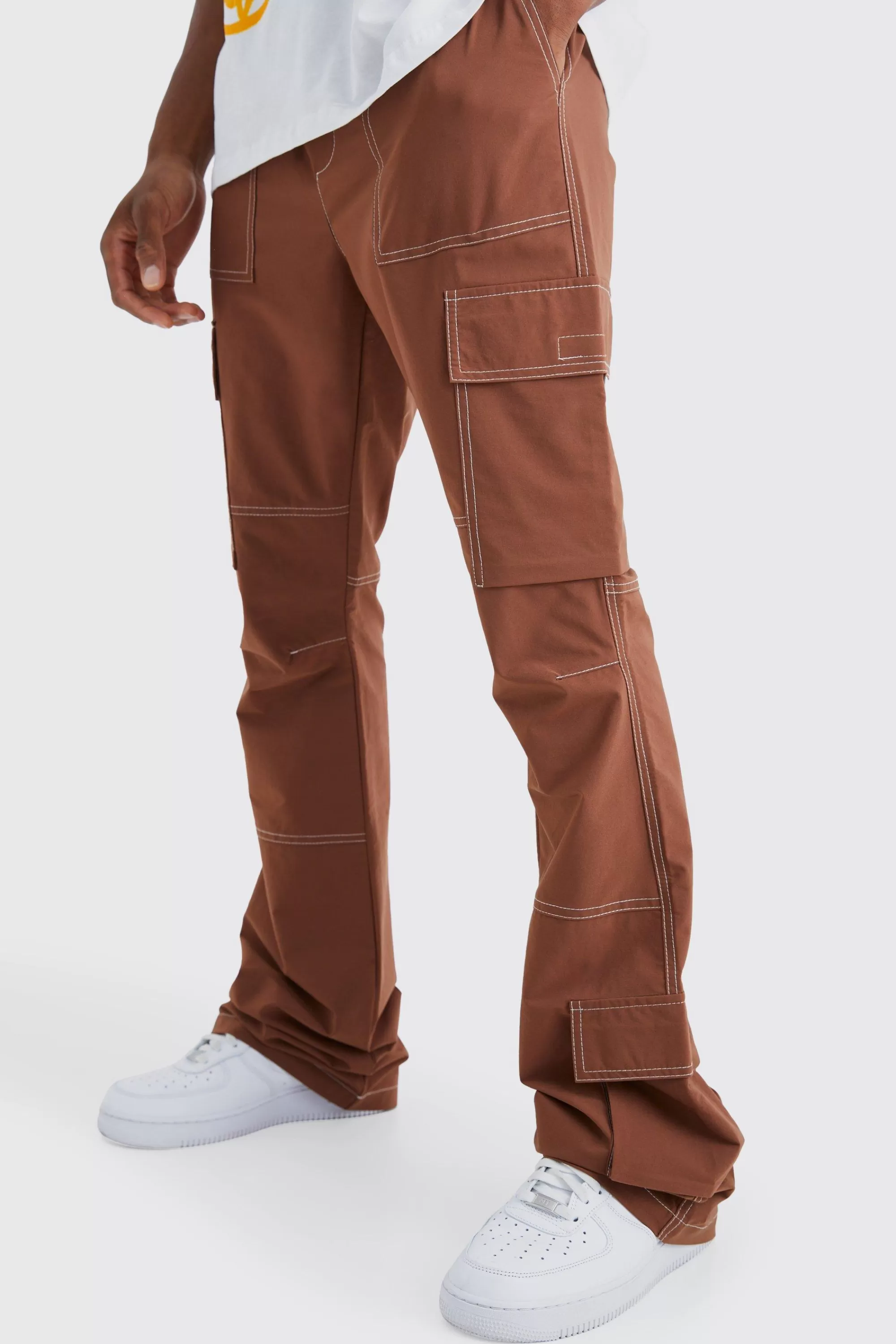 boohooMAN Elasticated Waist Slim Flare Contrast Stitch Cargo Trouser | UK