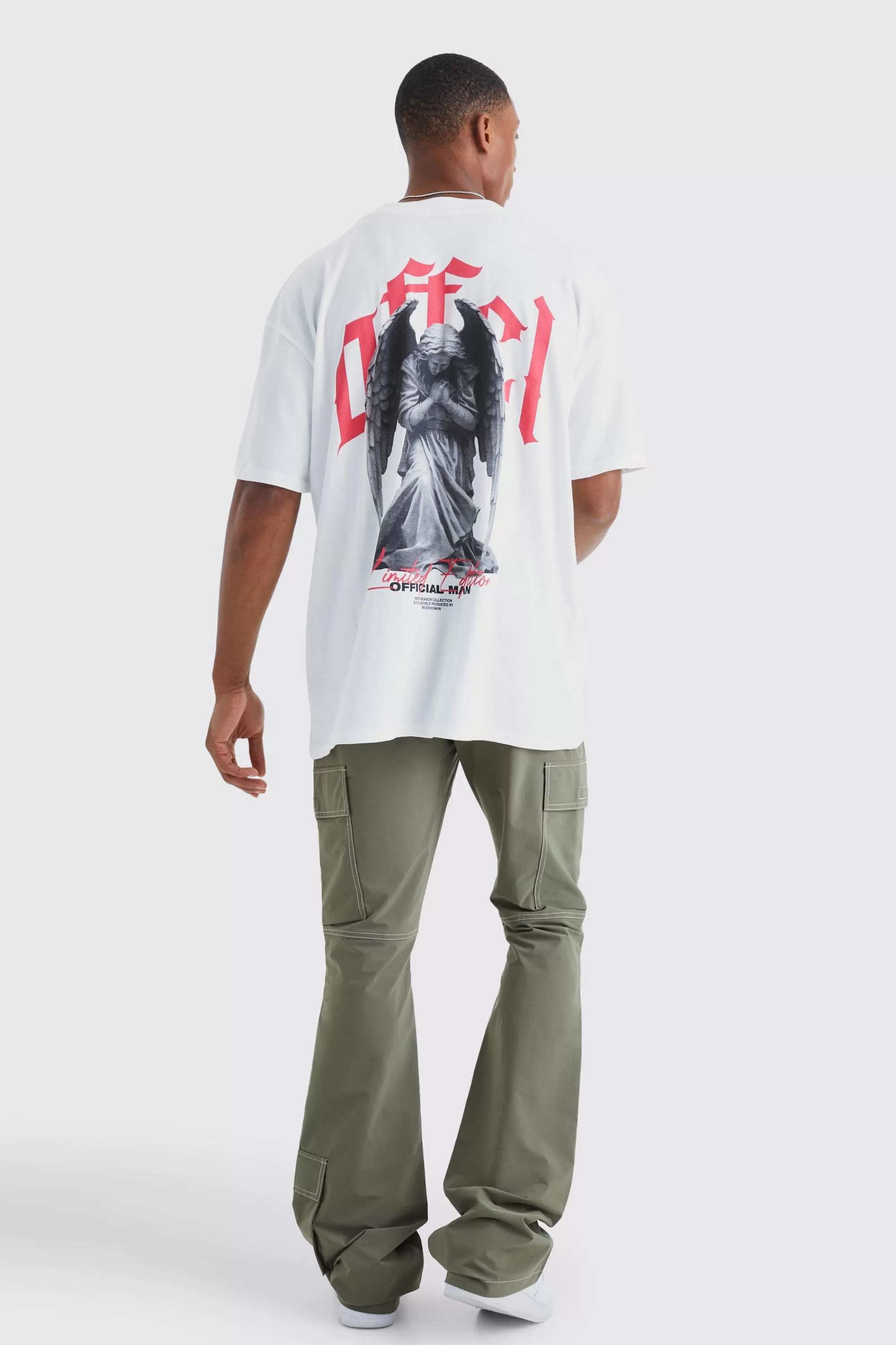 boohooMAN Elasticated Waist Slim Flare Contrast Stitch Cargo Trouser | UK