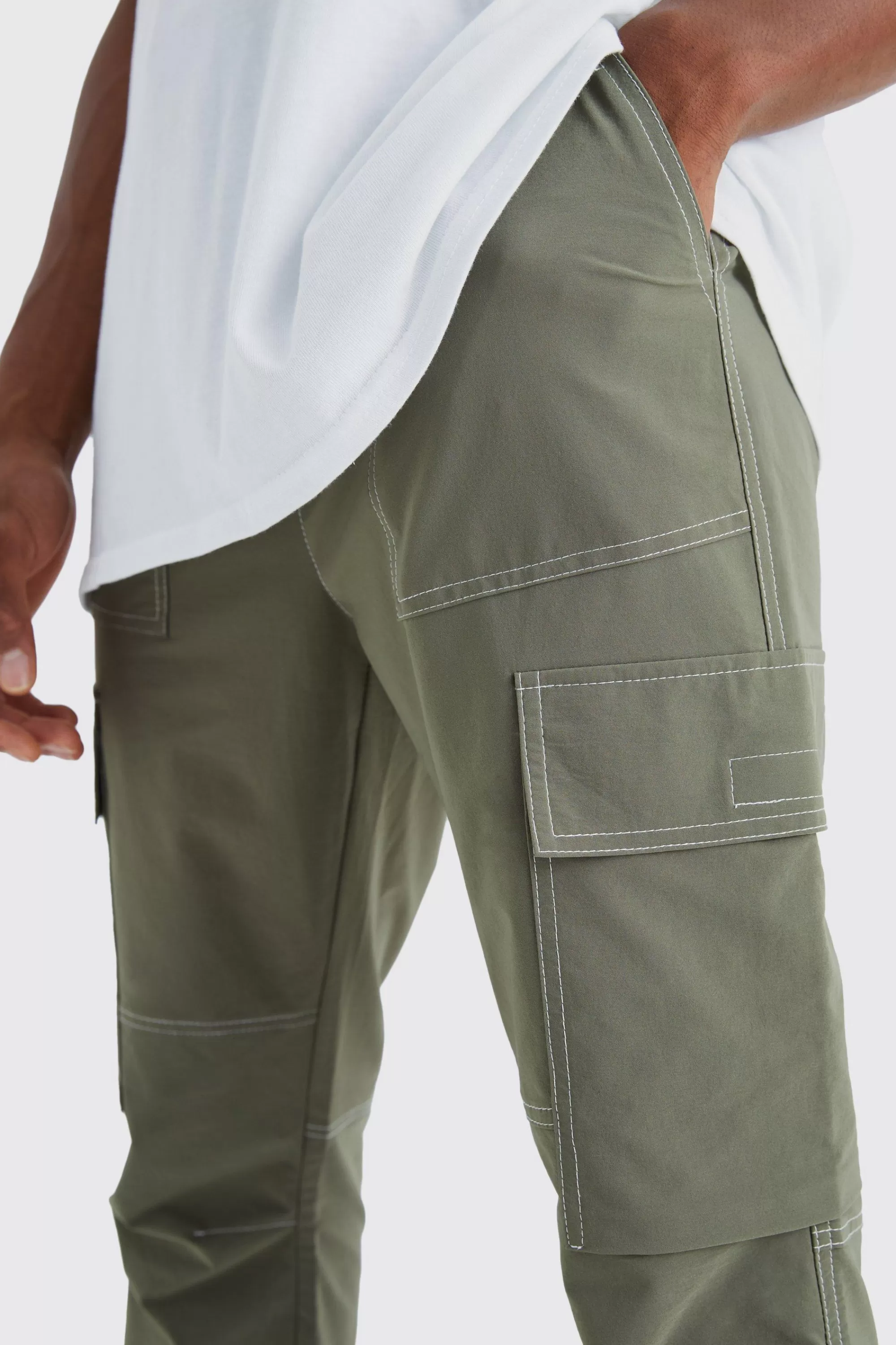 boohooMAN Elasticated Waist Slim Flare Contrast Stitch Cargo Trouser | UK