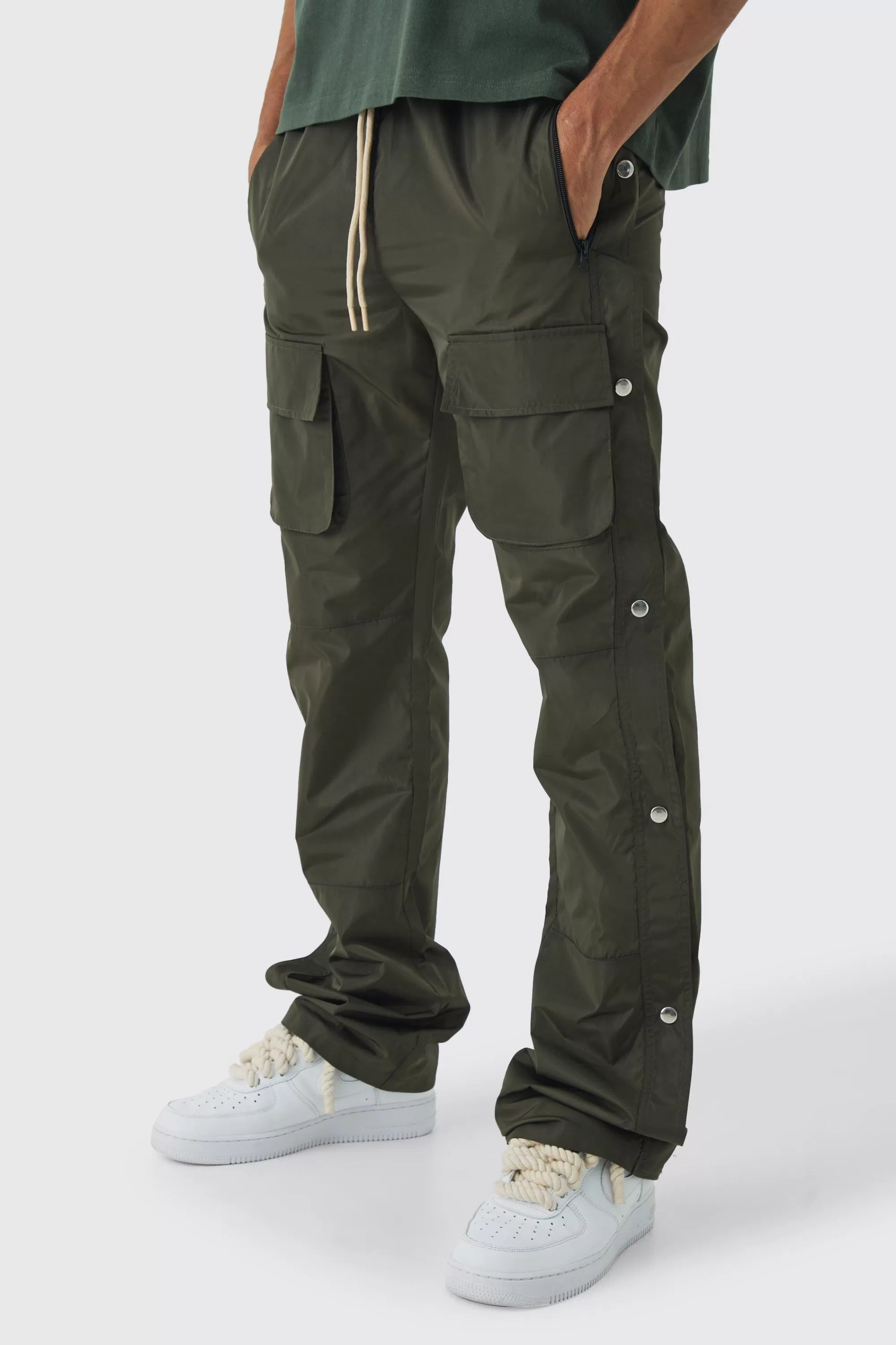 boohooMAN Elasticated Waist Slim Flare Stacked Cargo Trousers | UK