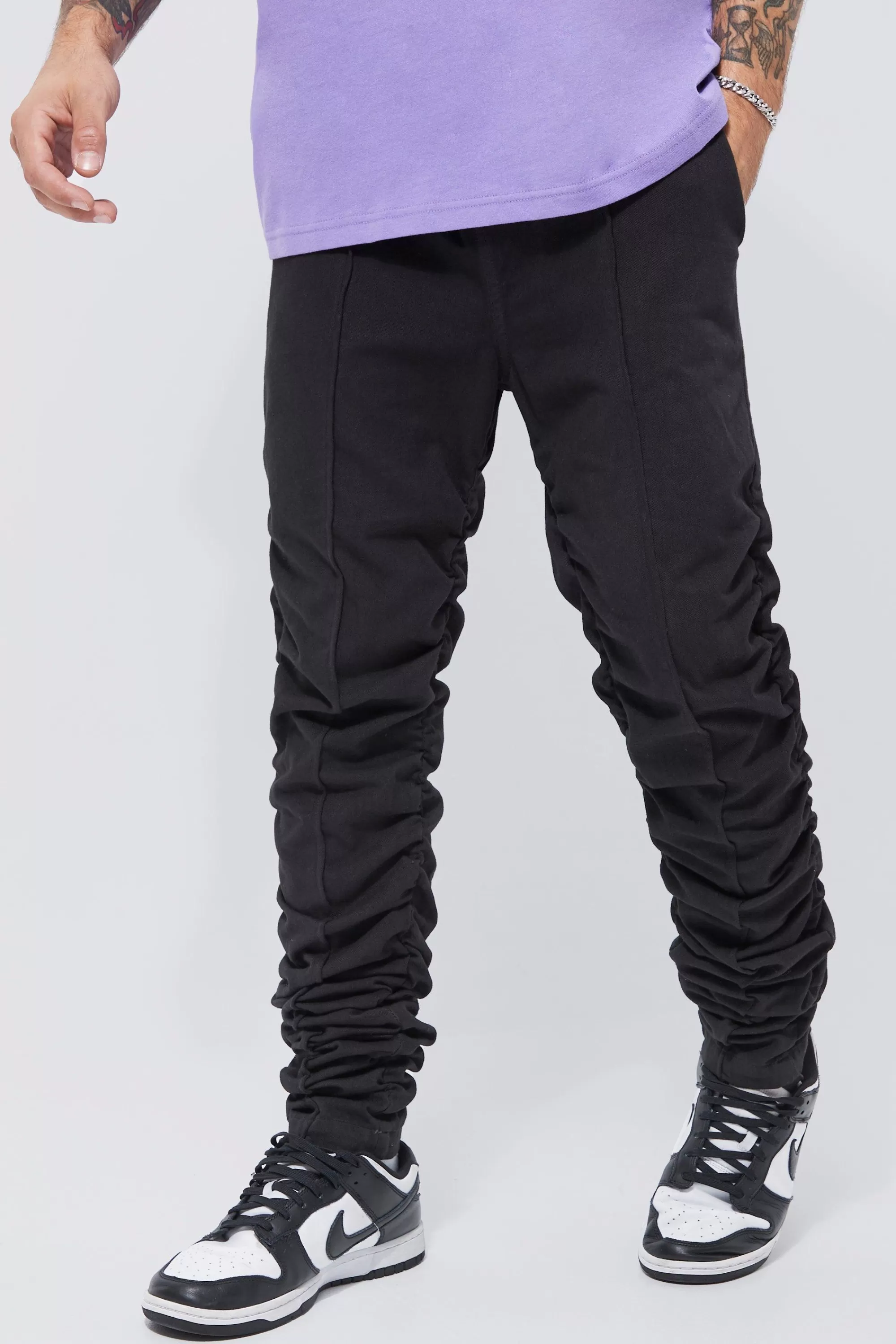 boohooMAN Elasticated Waist Straight Fit Ruched Trouser | UK