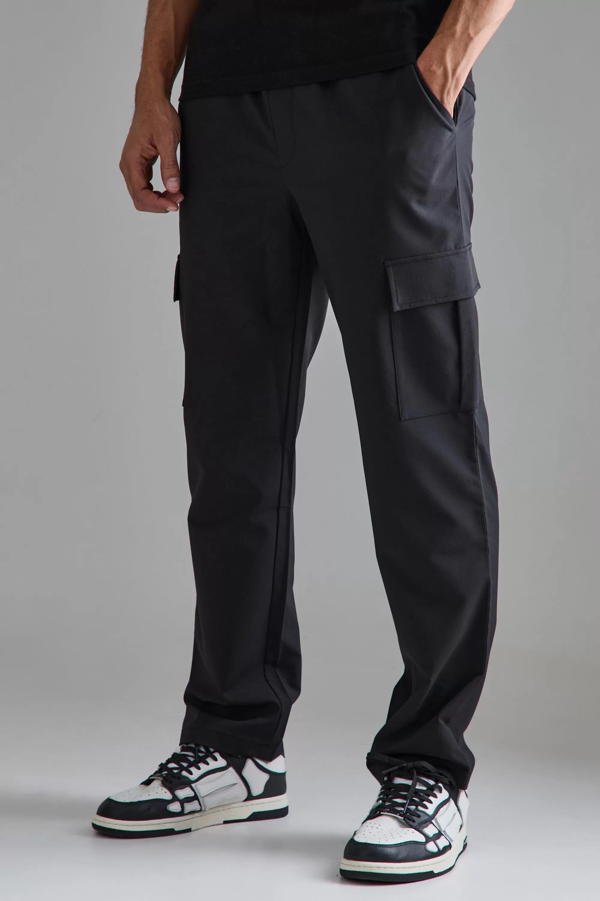 boohooMAN Elasticated Waist Straight Leg Cargo Smart Trousers | UK