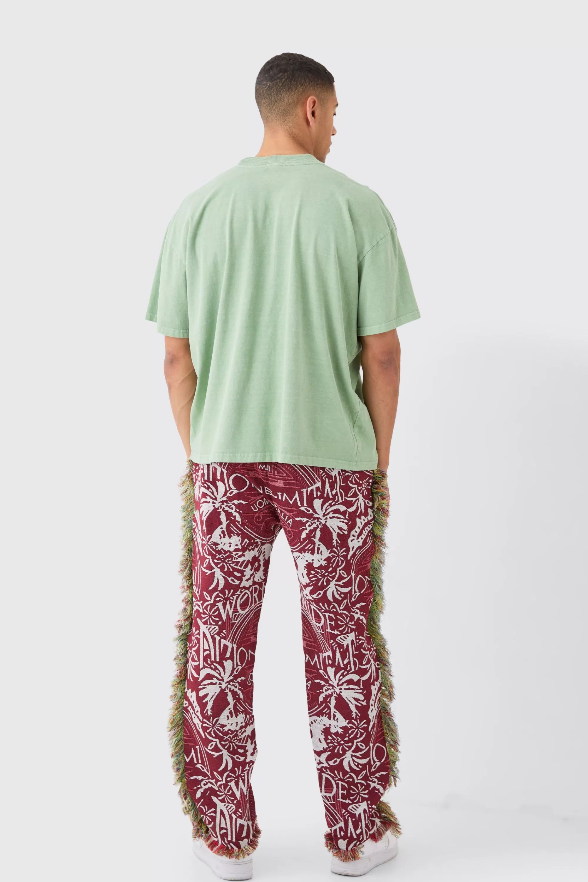 boohooMAN Elasticated Waist Straight Leg Frayed Tapestry Trouser | UK