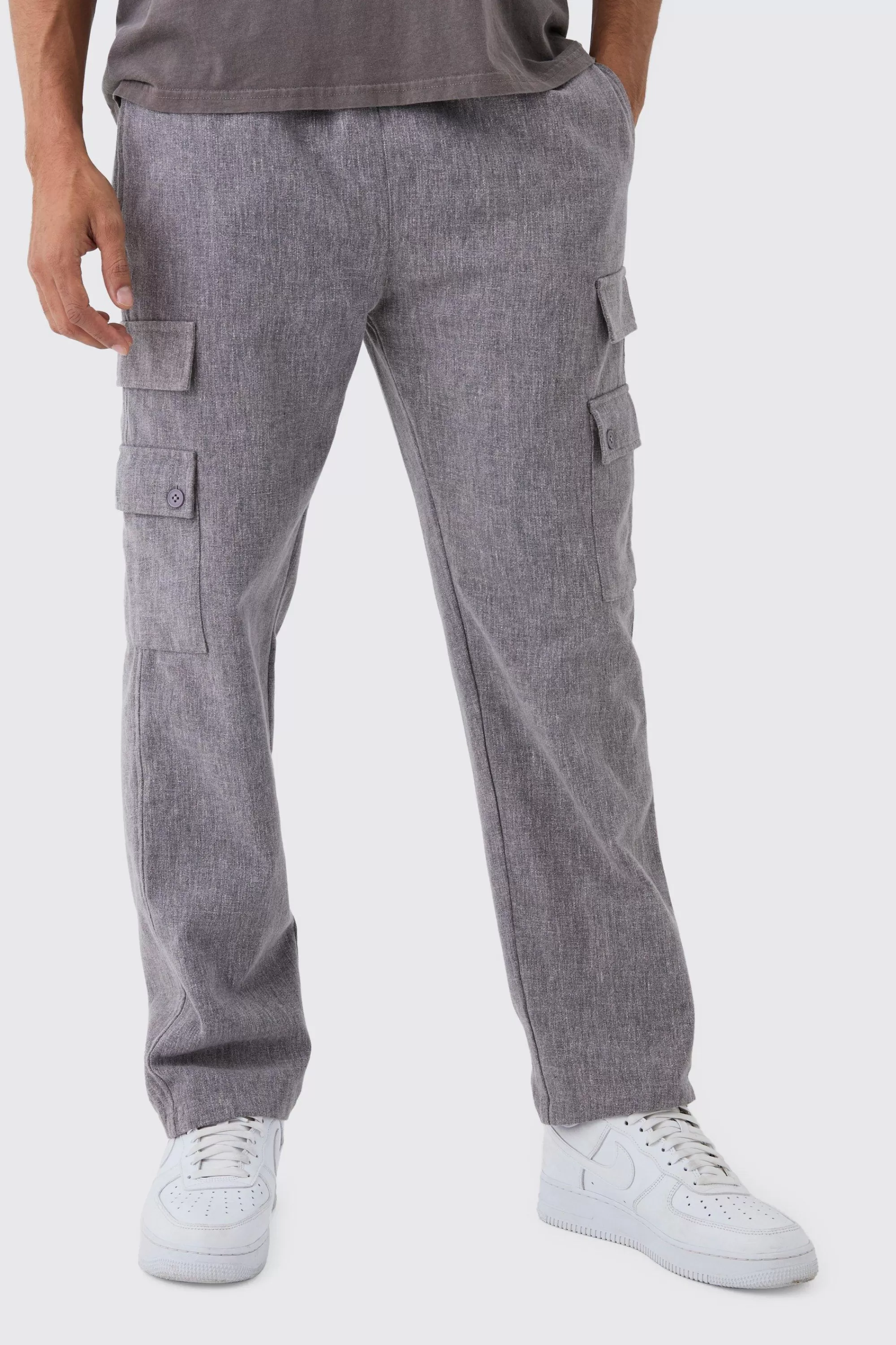 boohooMAN Elasticated Waist Straight Leg Heavy Slub Cargo Trousers | UK