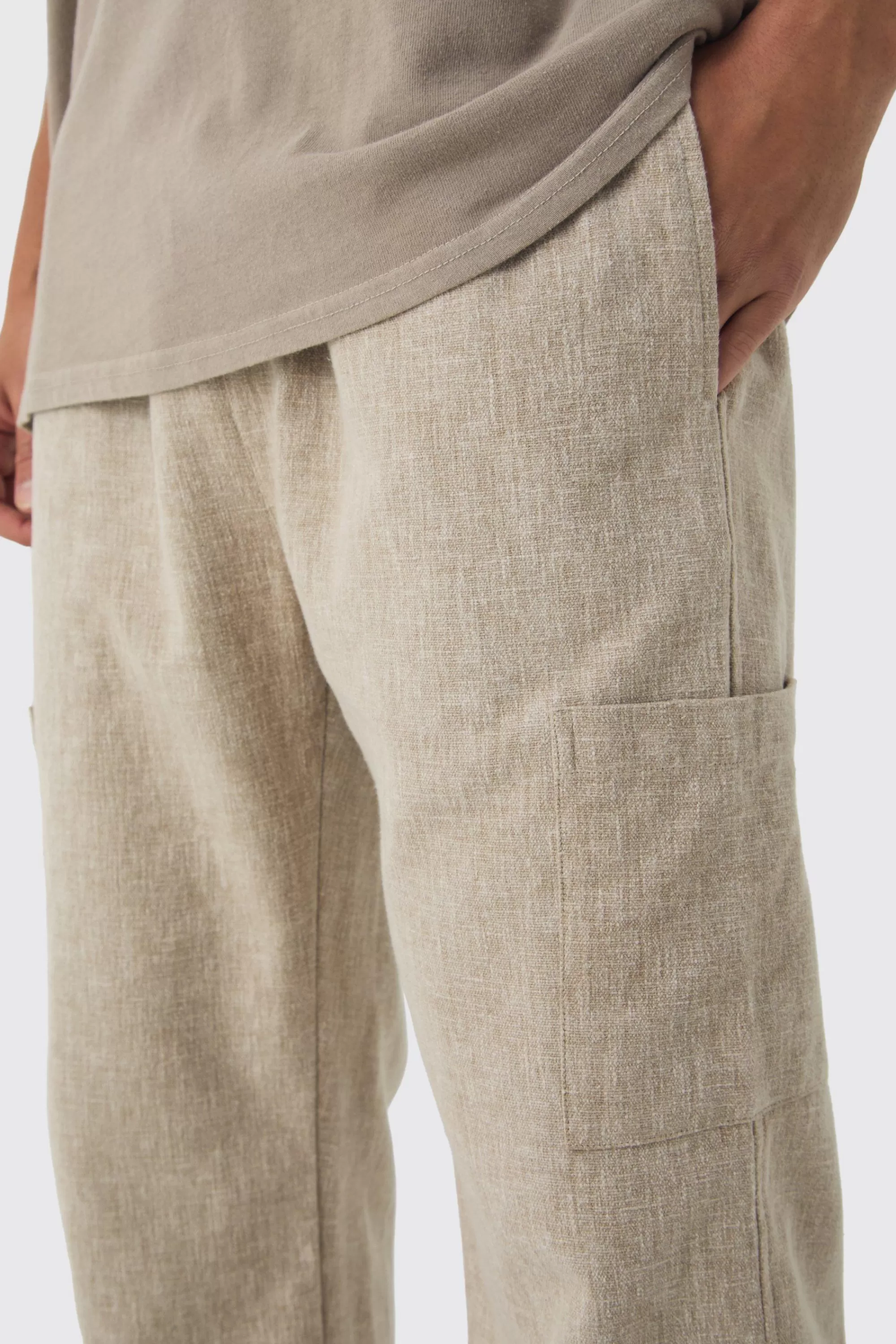 boohooMAN Elasticated Waist Straight Leg Heavy Slub Cargo Trousers | UK