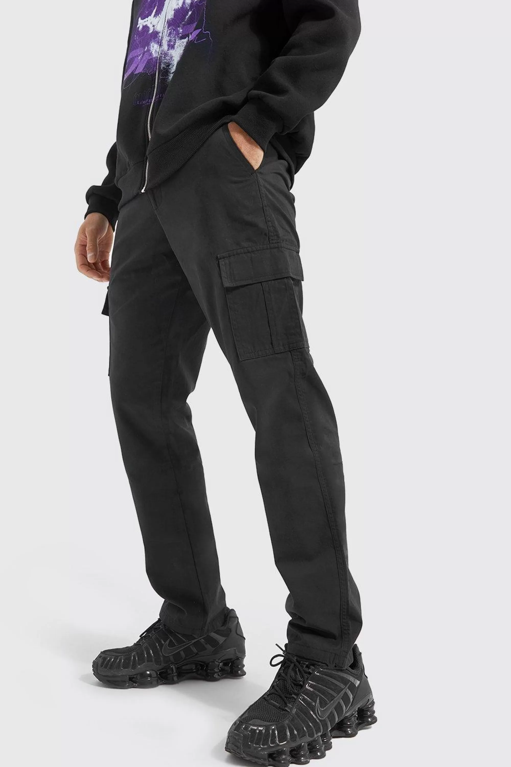 boohooMAN Elasticated Waist Straight Leg Twill Cargo Trouser | UK