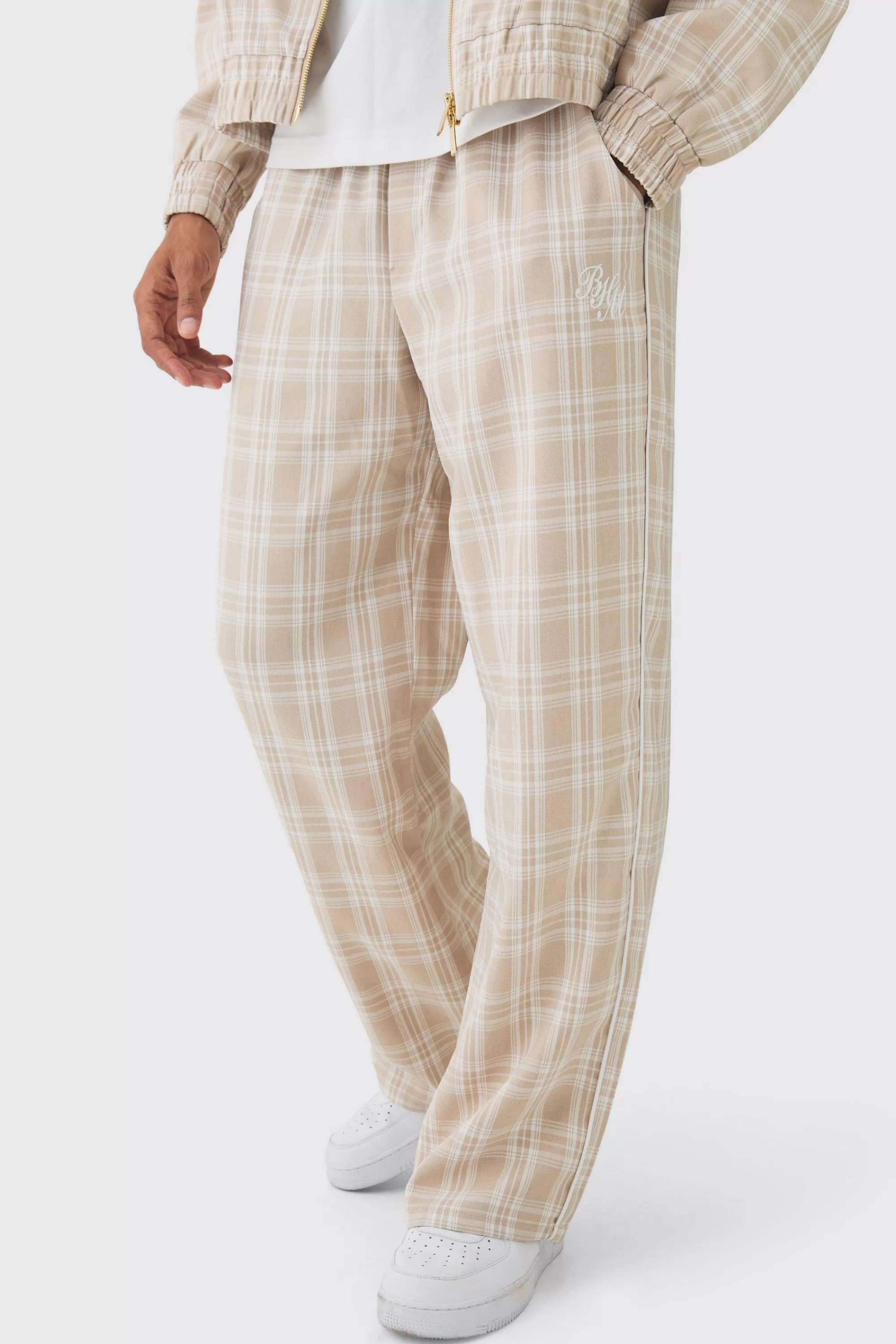 boohooMAN Elasticated Waist Wide Leg Checked Trousers | UK