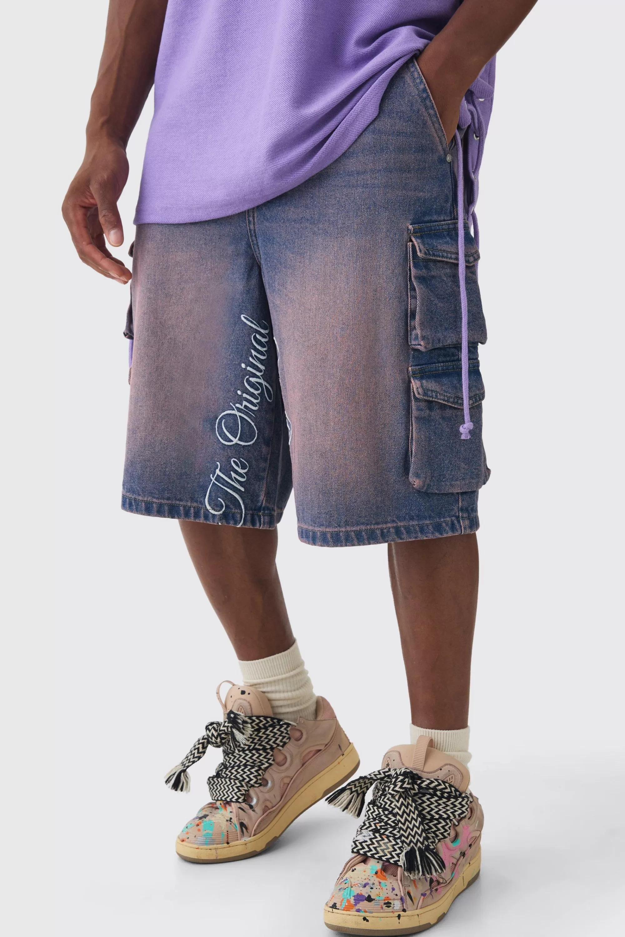 boohooMAN Embroidered Denim Cargo Jorts In | UK