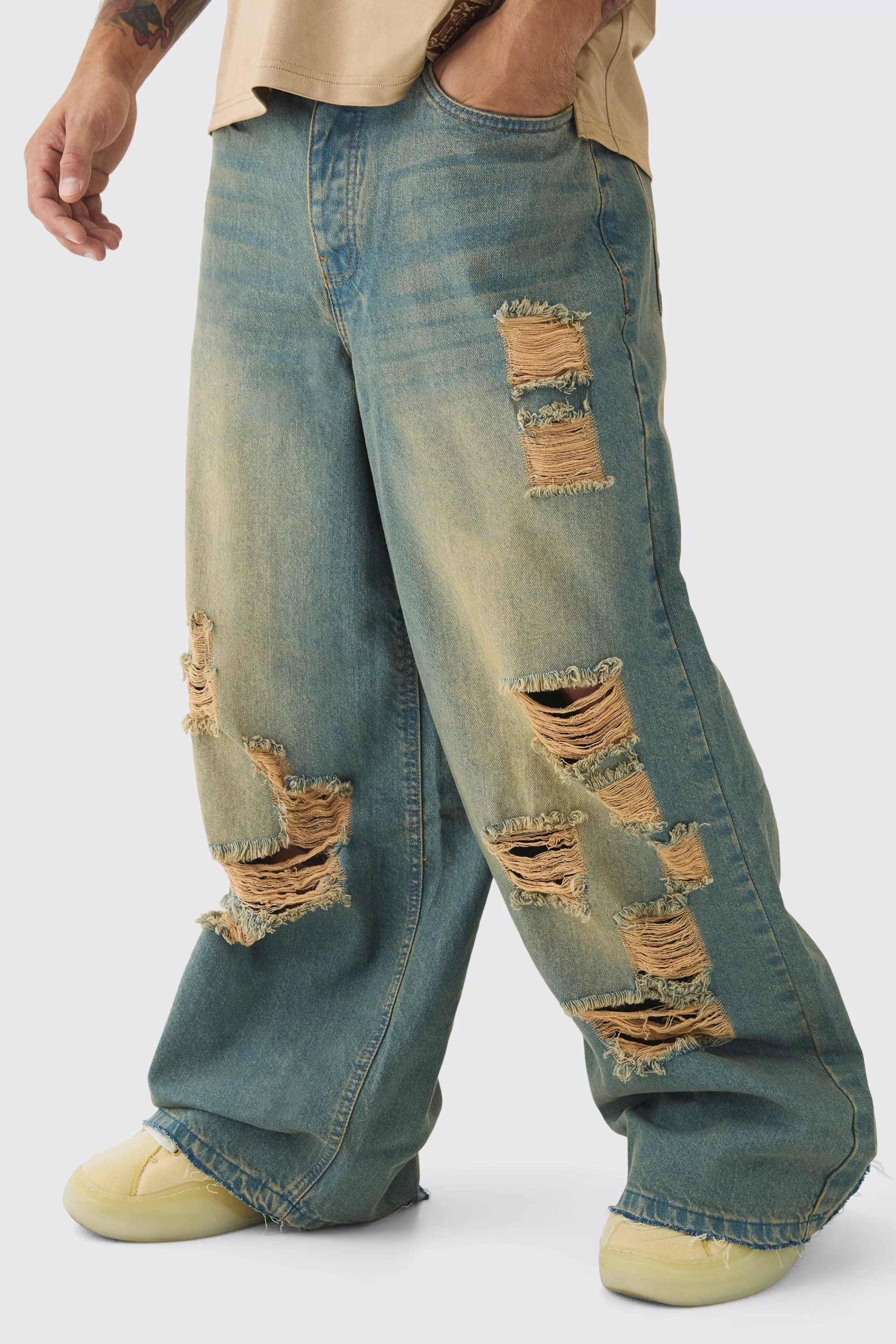 boohooMAN Extreme Baggy Rigid All Over Ripped Jeans | UK