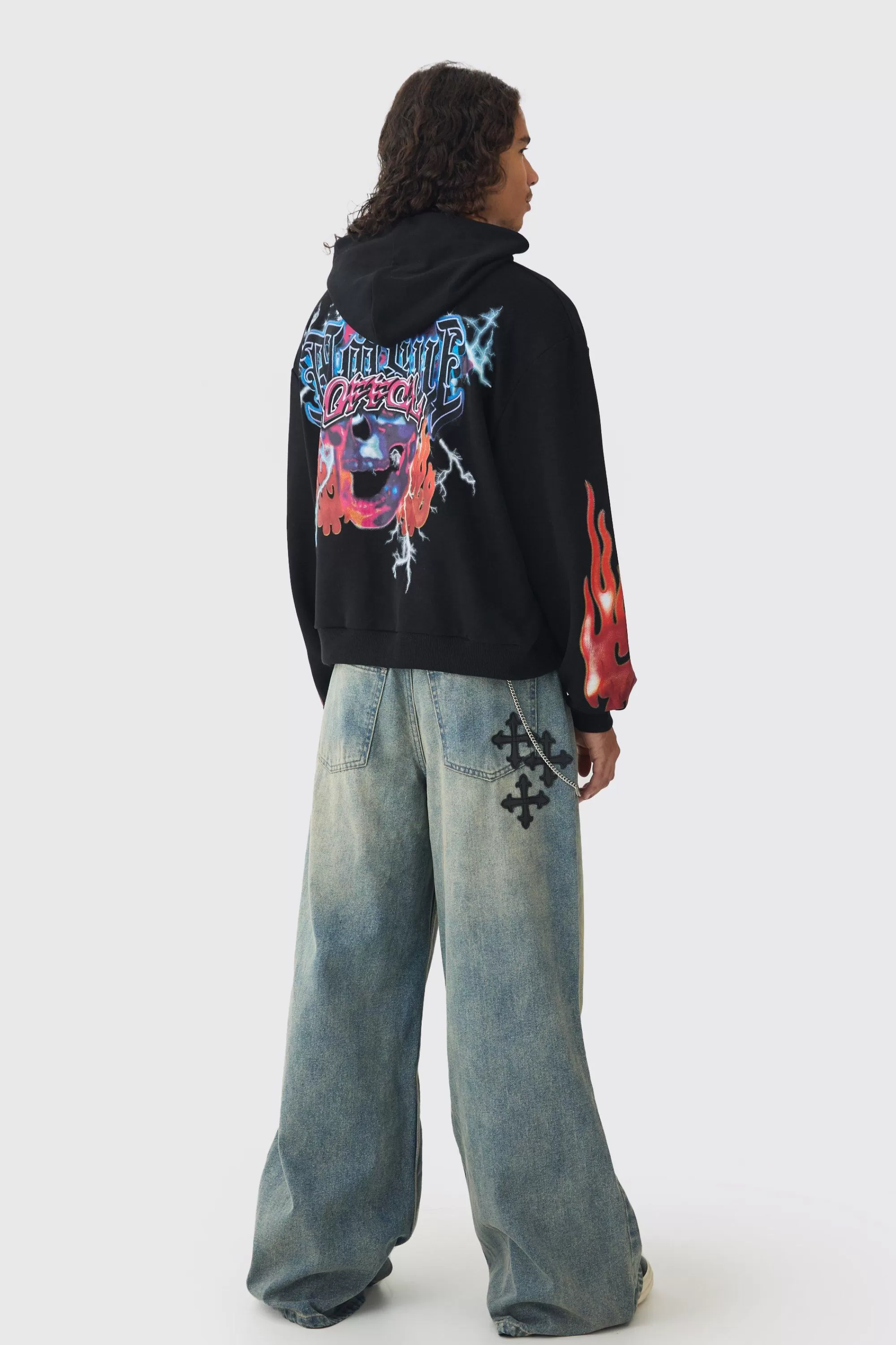 boohooMAN Extreme Baggy Rigid Pu Cross Applique Washed Jeans | UK