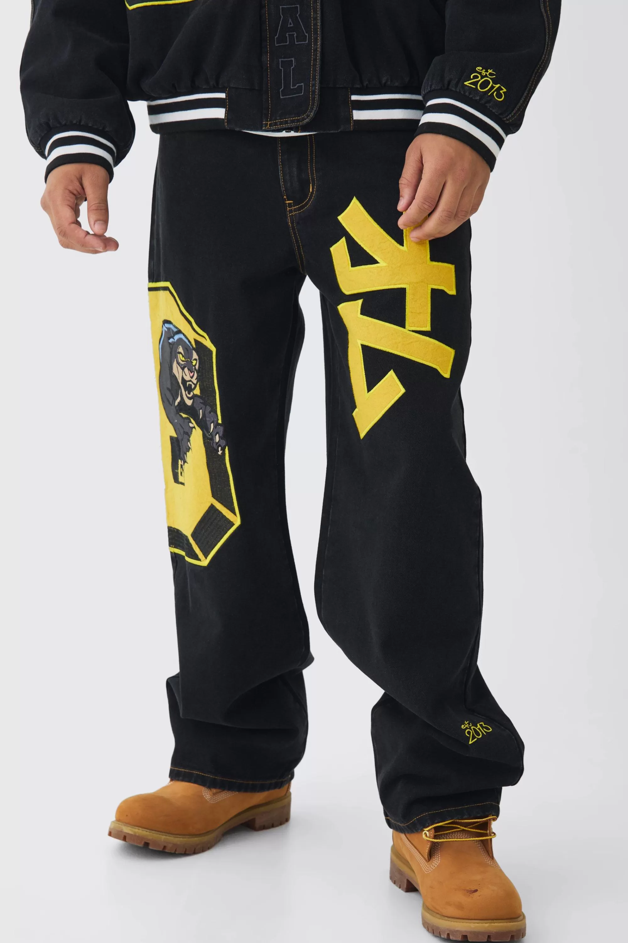 boohooMAN Extreme Baggy Rigid Varsity Applique Jeans | UK