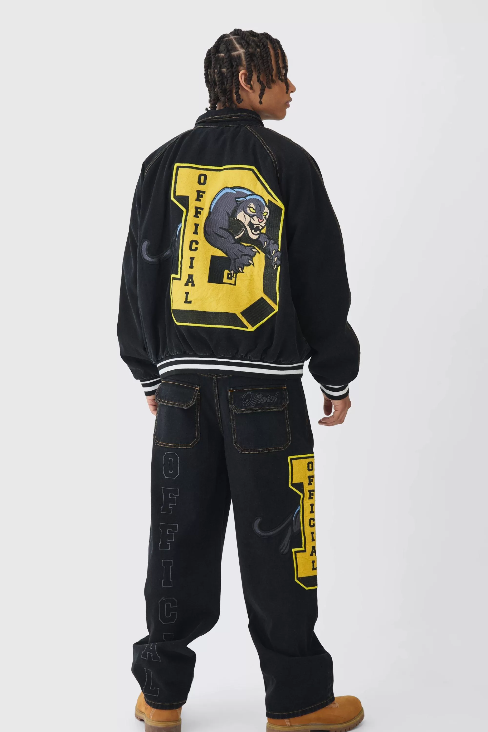 boohooMAN Extreme Baggy Rigid Varsity Applique Jeans | UK