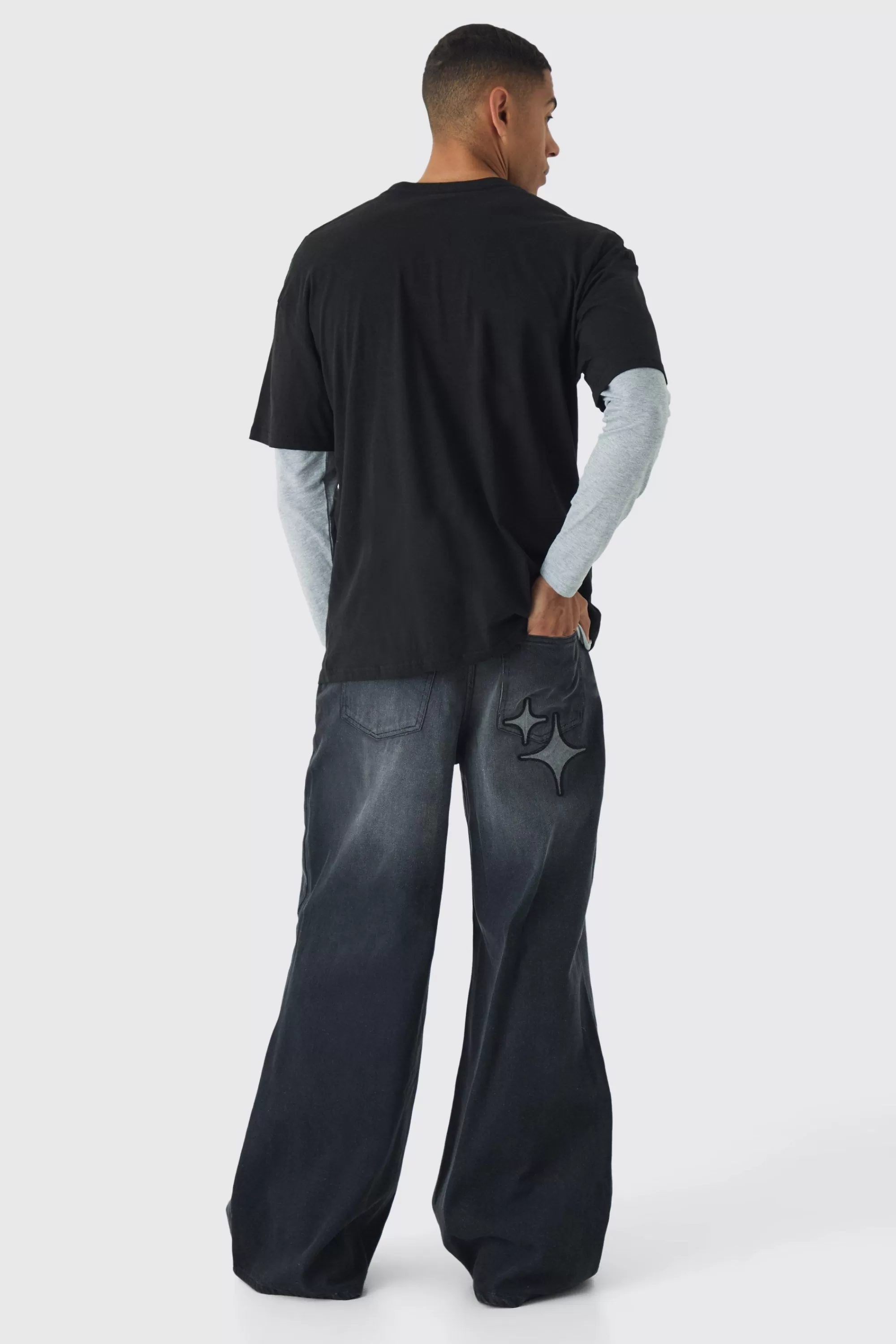 boohooMAN Extreme Baggy Star Applique Jeans | UK