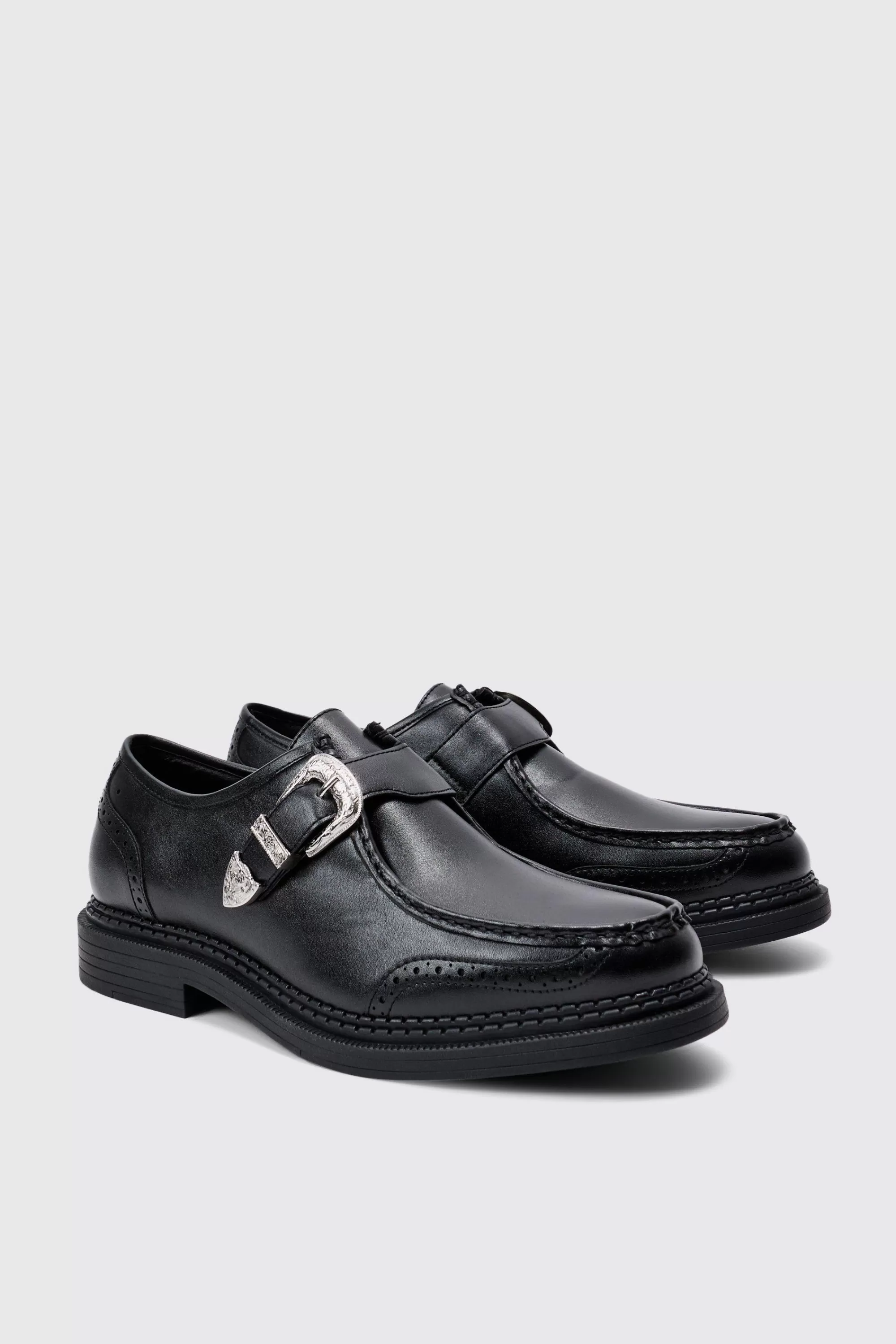 boohooMAN Faux Leather Derby Shoes With Western Buckle In | UK
