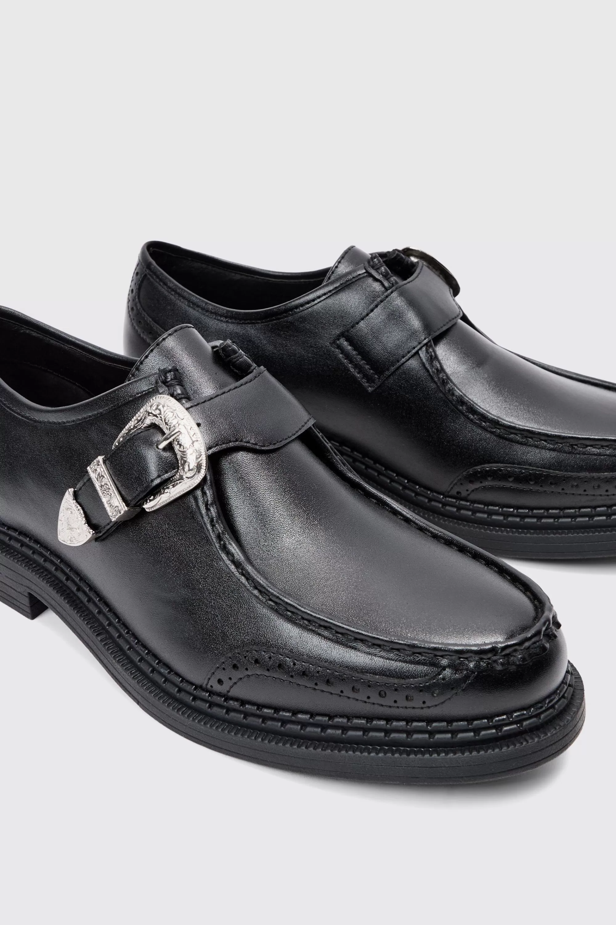boohooMAN Faux Leather Derby Shoes With Western Buckle In | UK