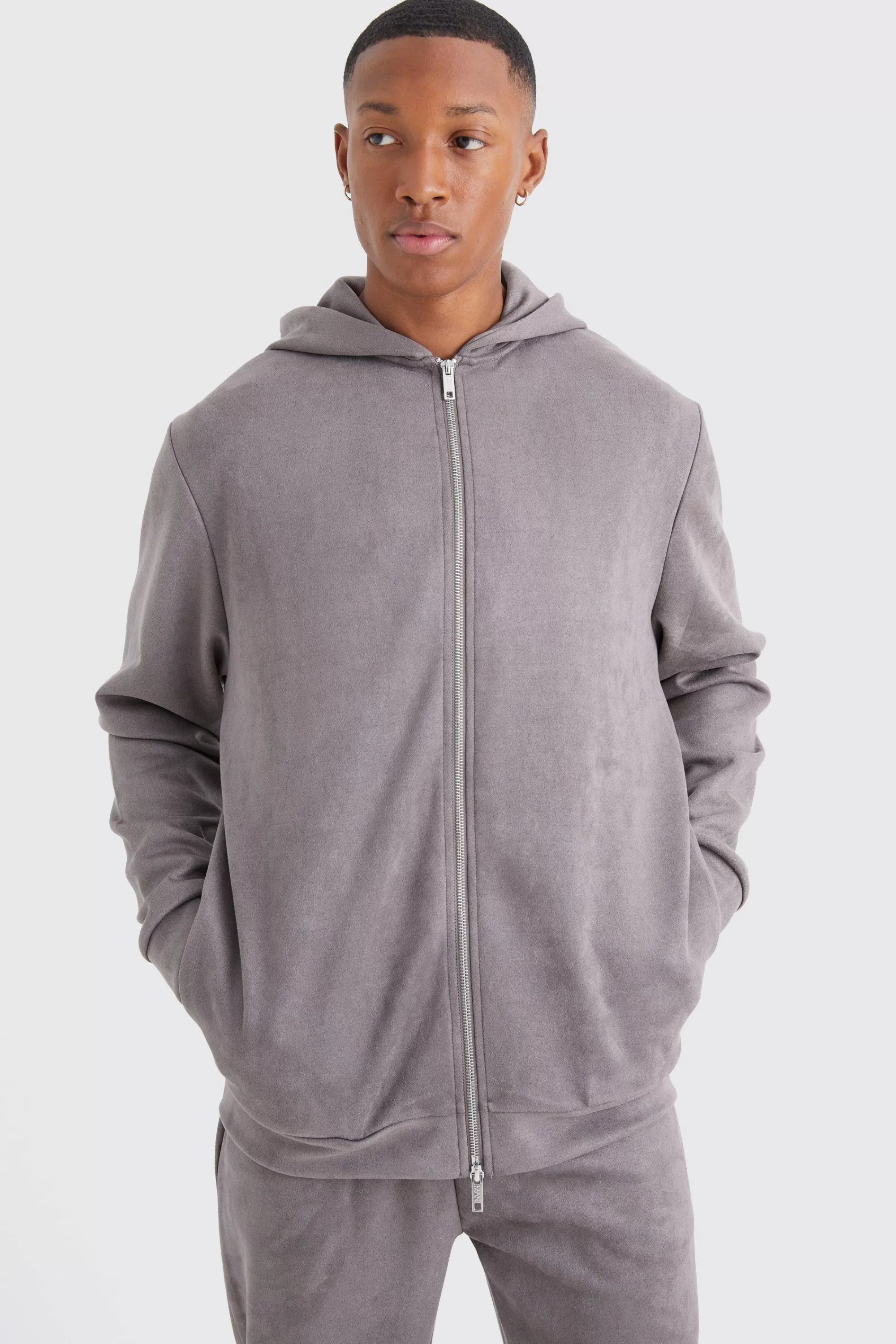 boohooMAN Faux Suede Zip Through Hoodie | UK
