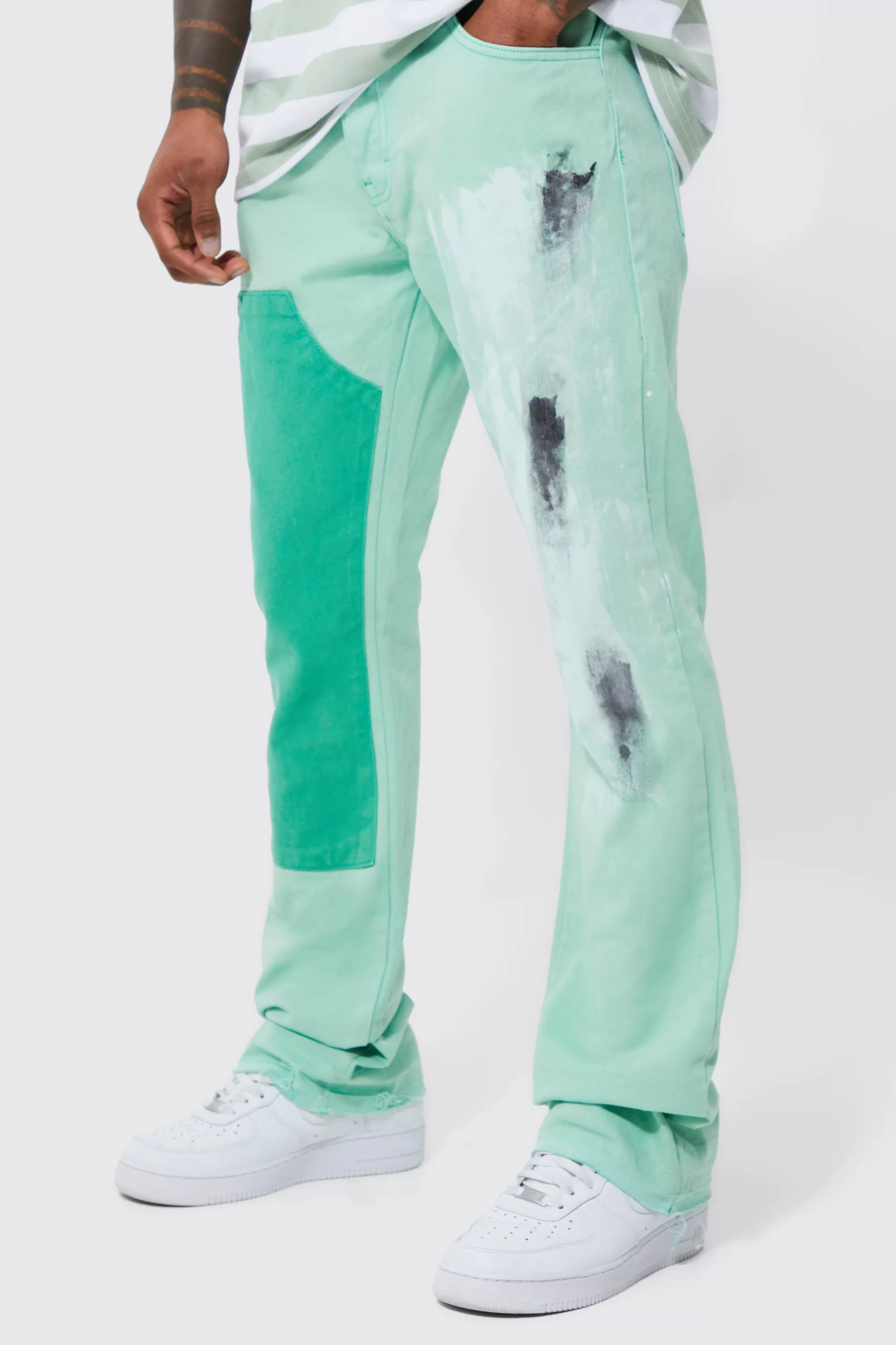 boohooMAN Fixed Skinny Stacked Carpenter Paint Trouser | UK