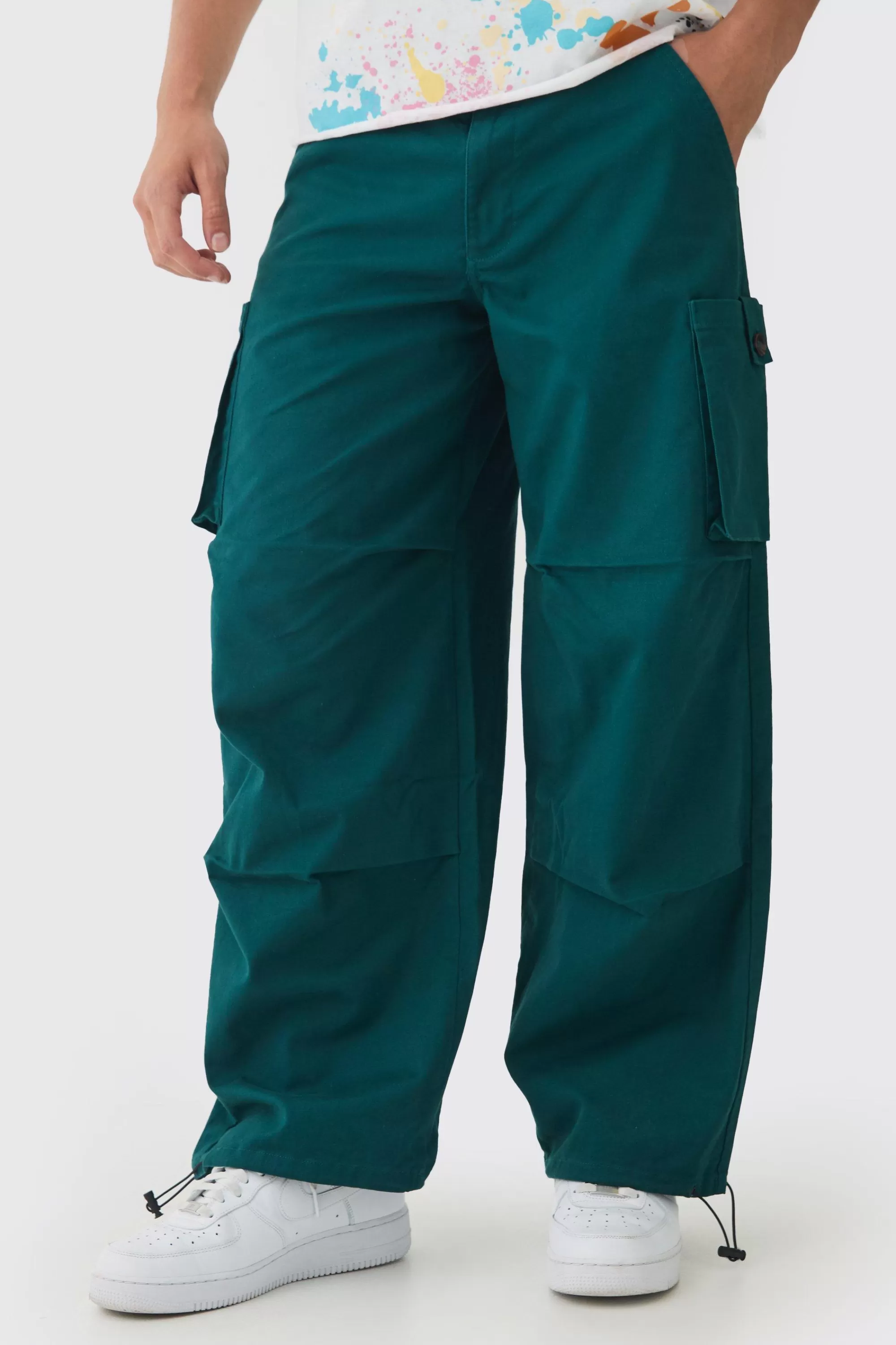 boohooMAN Fixed Waist Baggy Twill Cargo Trousers | UK