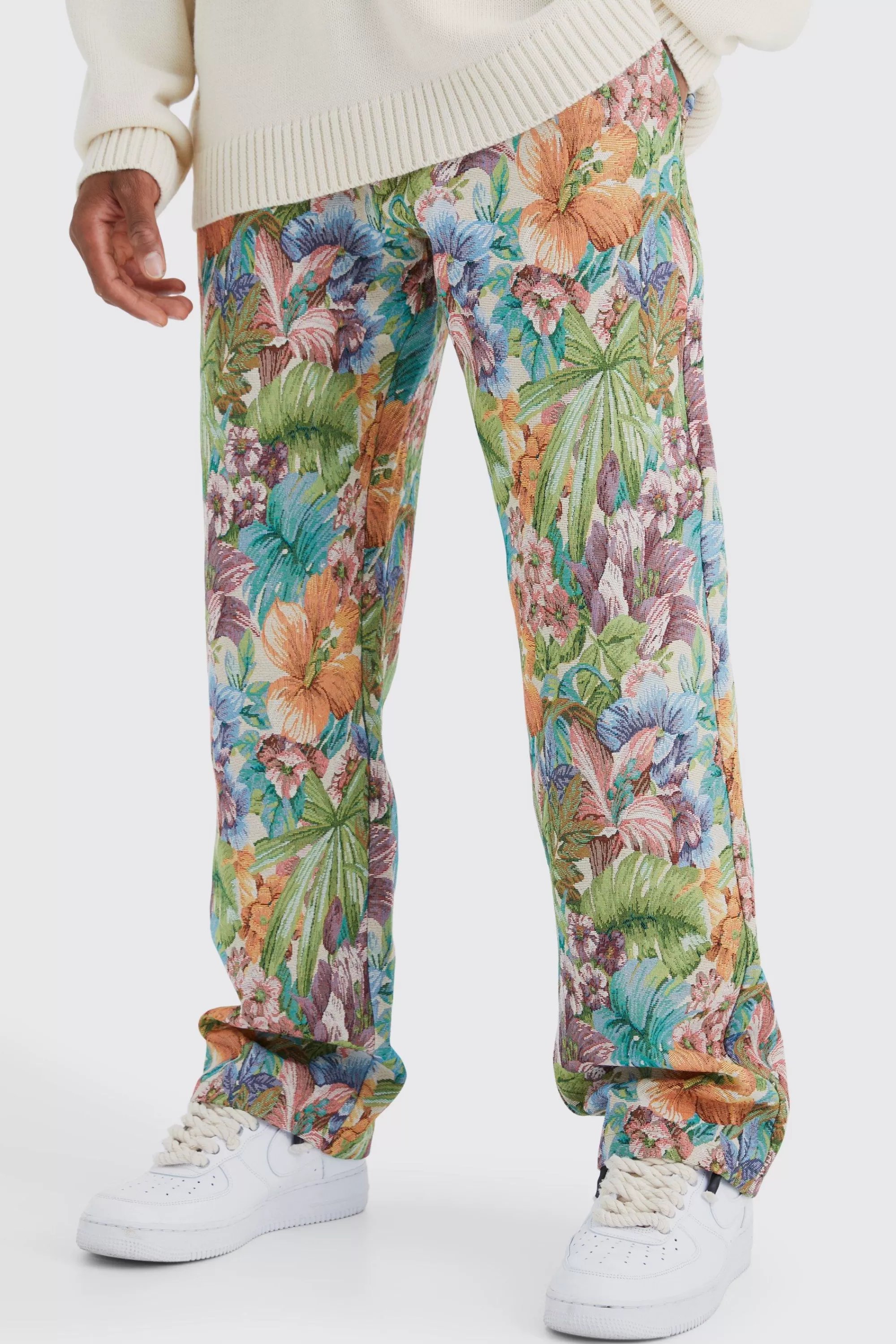 boohooMAN Fixed Waist Floral Tapestry Trouser | UK