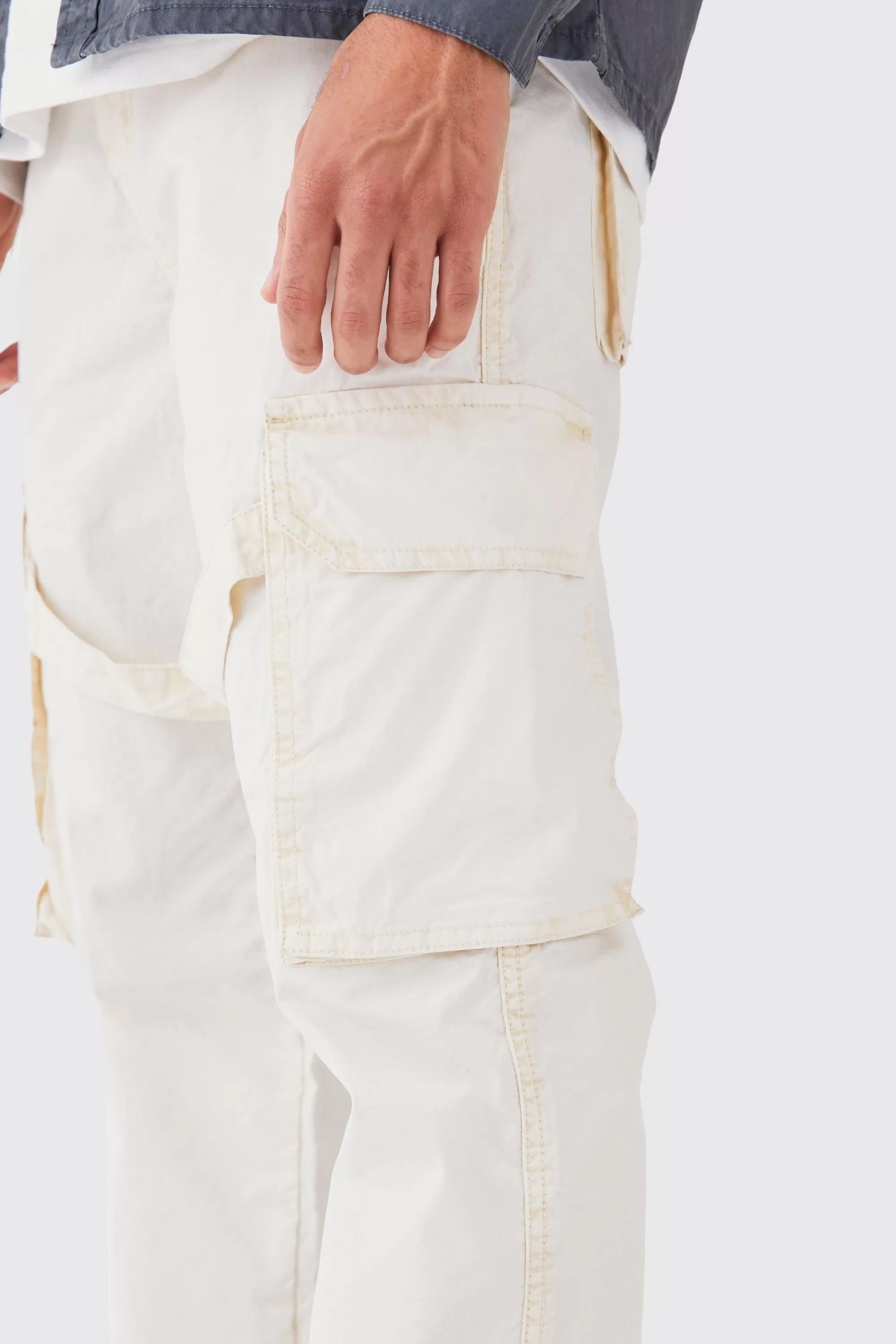 boohooMAN Fixed Waist Overdye Strap Detail Straight Leg Trousers | UK