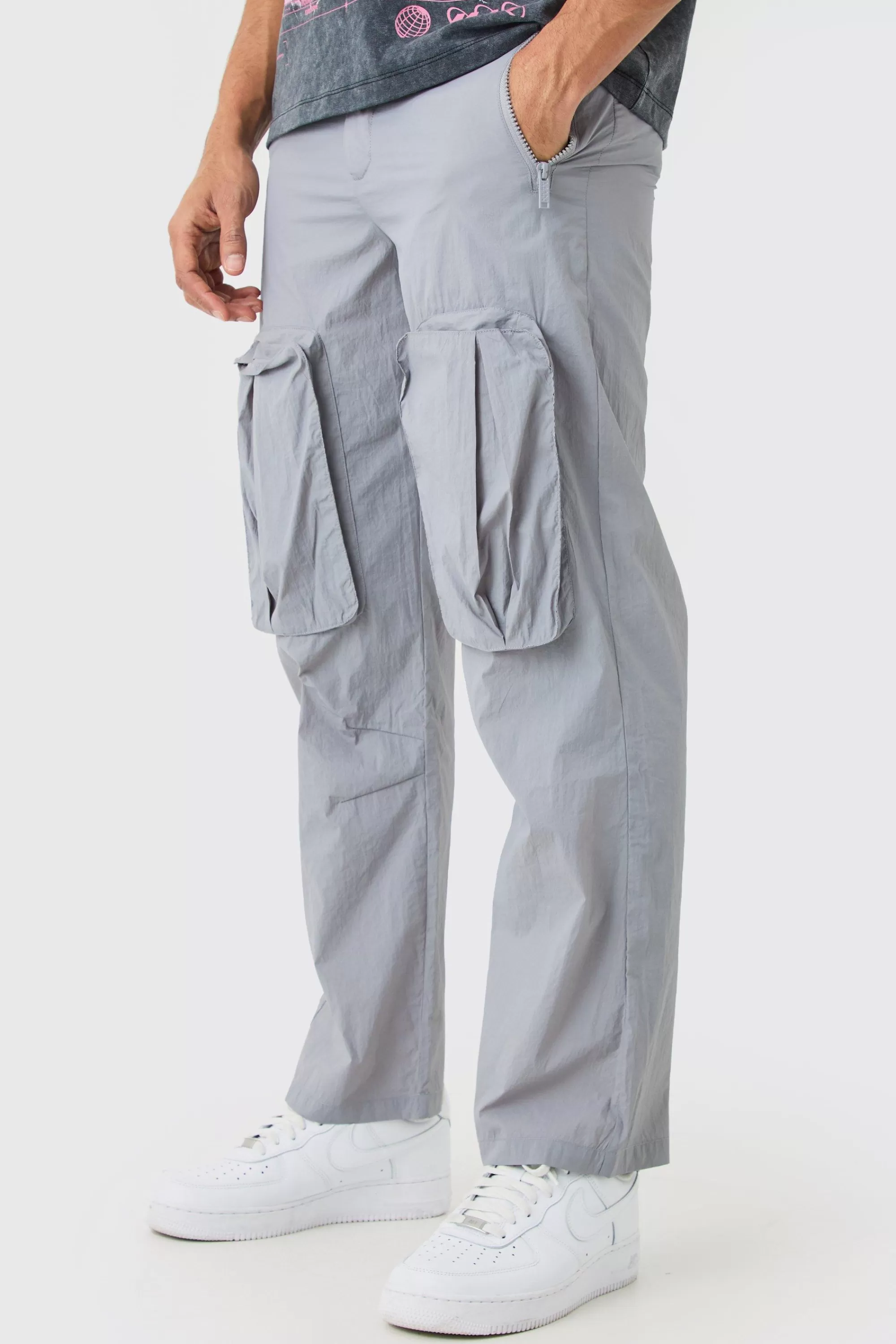 boohooMAN Fixed Waist Relaxed Crinkle Nylon Cargos | UK