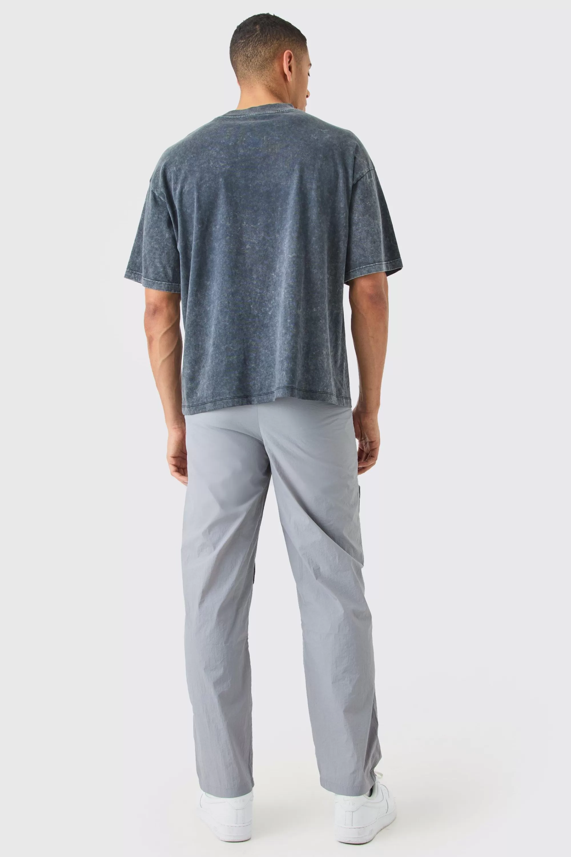boohooMAN Fixed Waist Relaxed Crinkle Nylon Cargos | UK