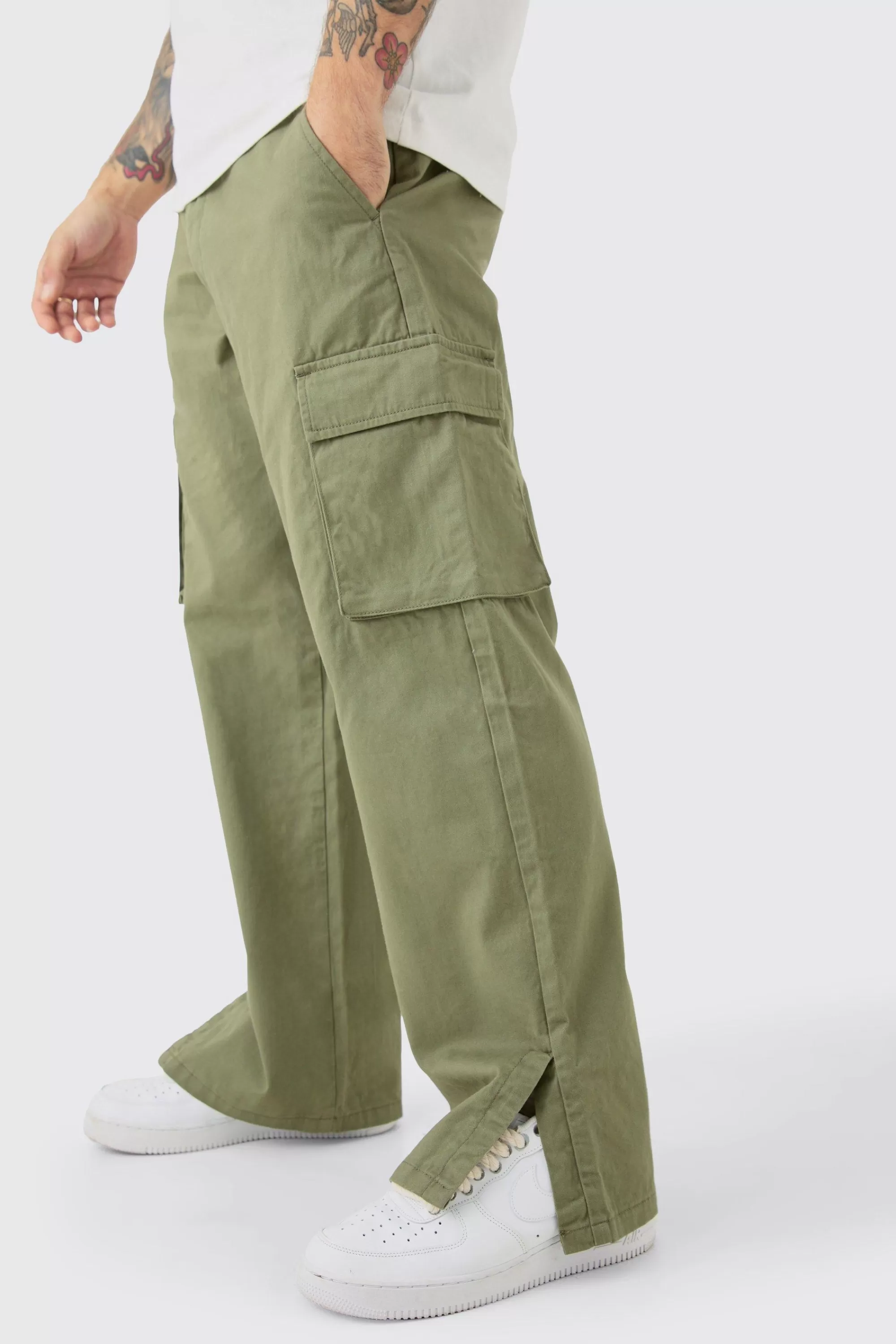 boohooMAN Fixed Waist Relaxed Fit Cargo Split Hem Trouser | UK
