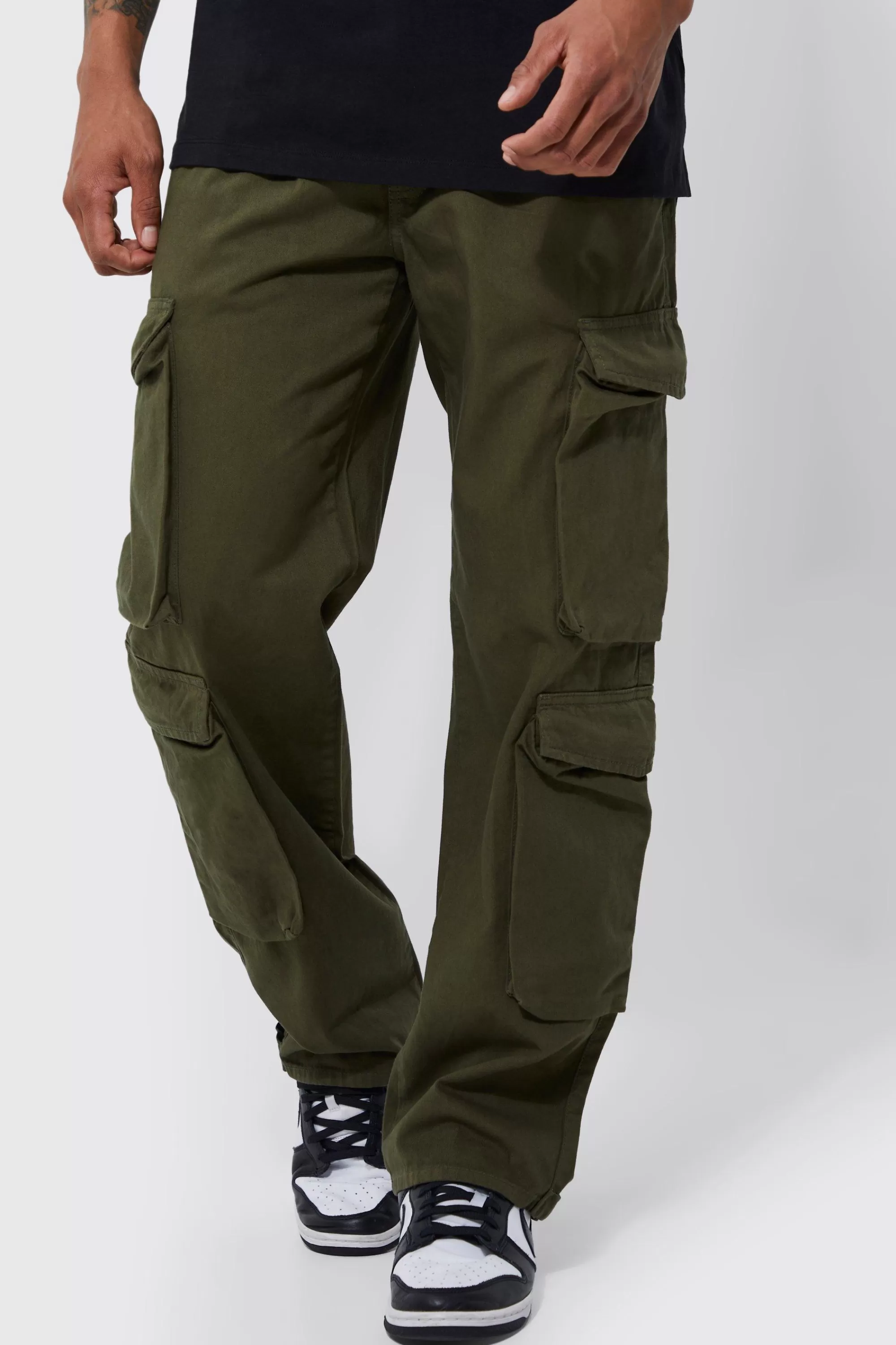 boohooMAN Fixed Waist Relaxed Peached Twill 3d Cargo Pants | UK