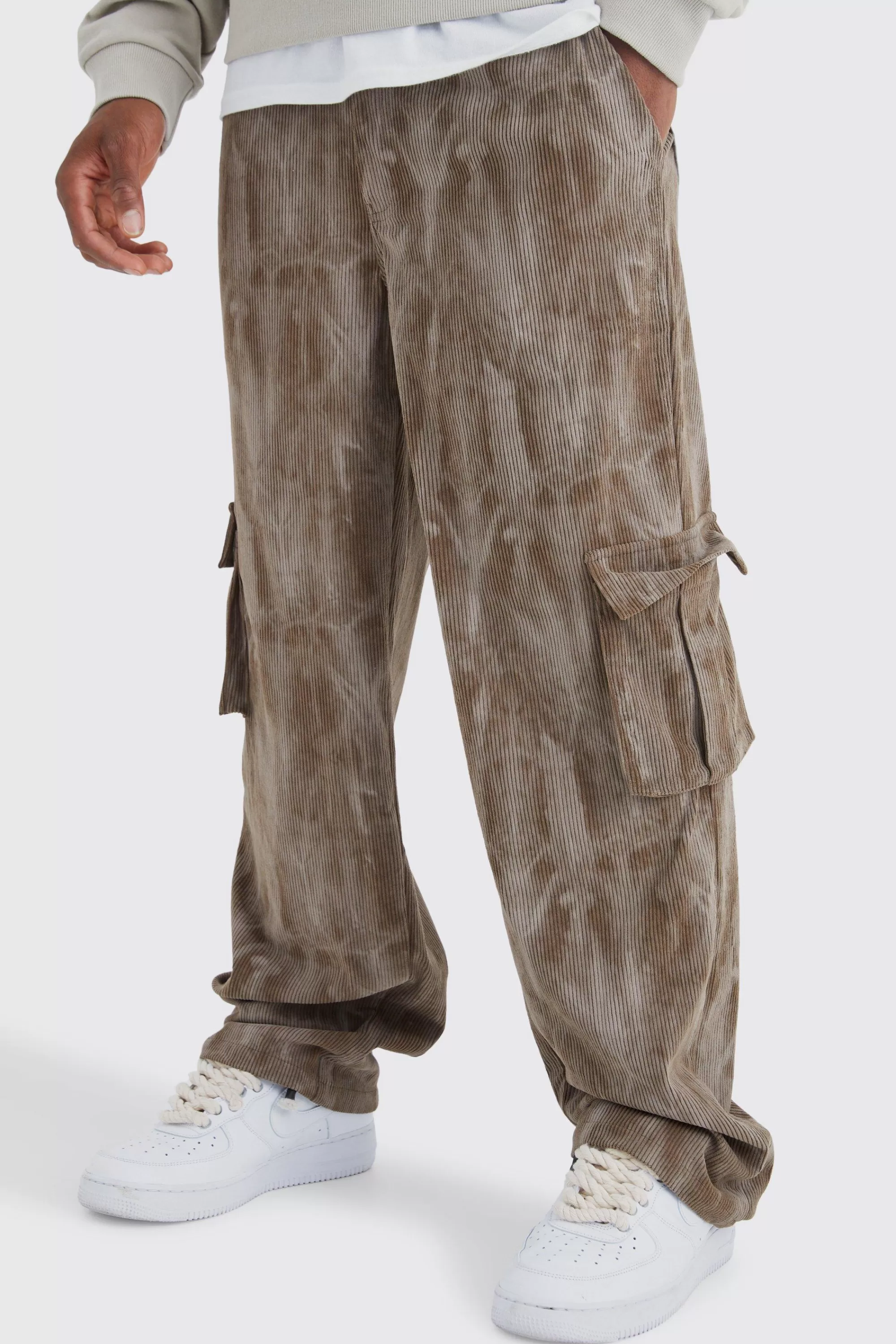 boohooMAN Fixed Waist Relaxed Tie Dye Cargo Corduroy Trouser | UK
