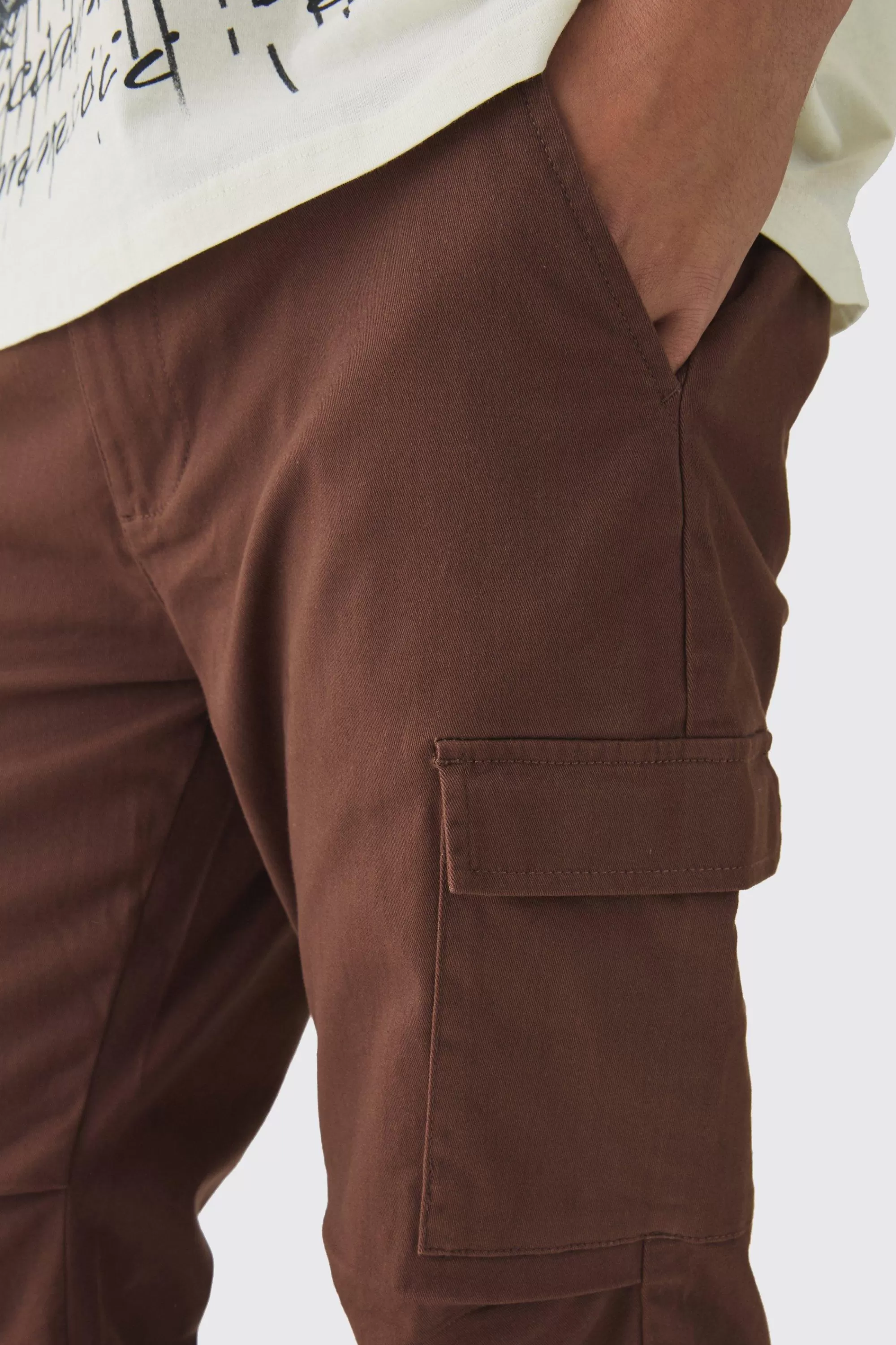 boohooMAN Fixed Waist Slim Flare Stacked Twill Cargo Trousers | UK