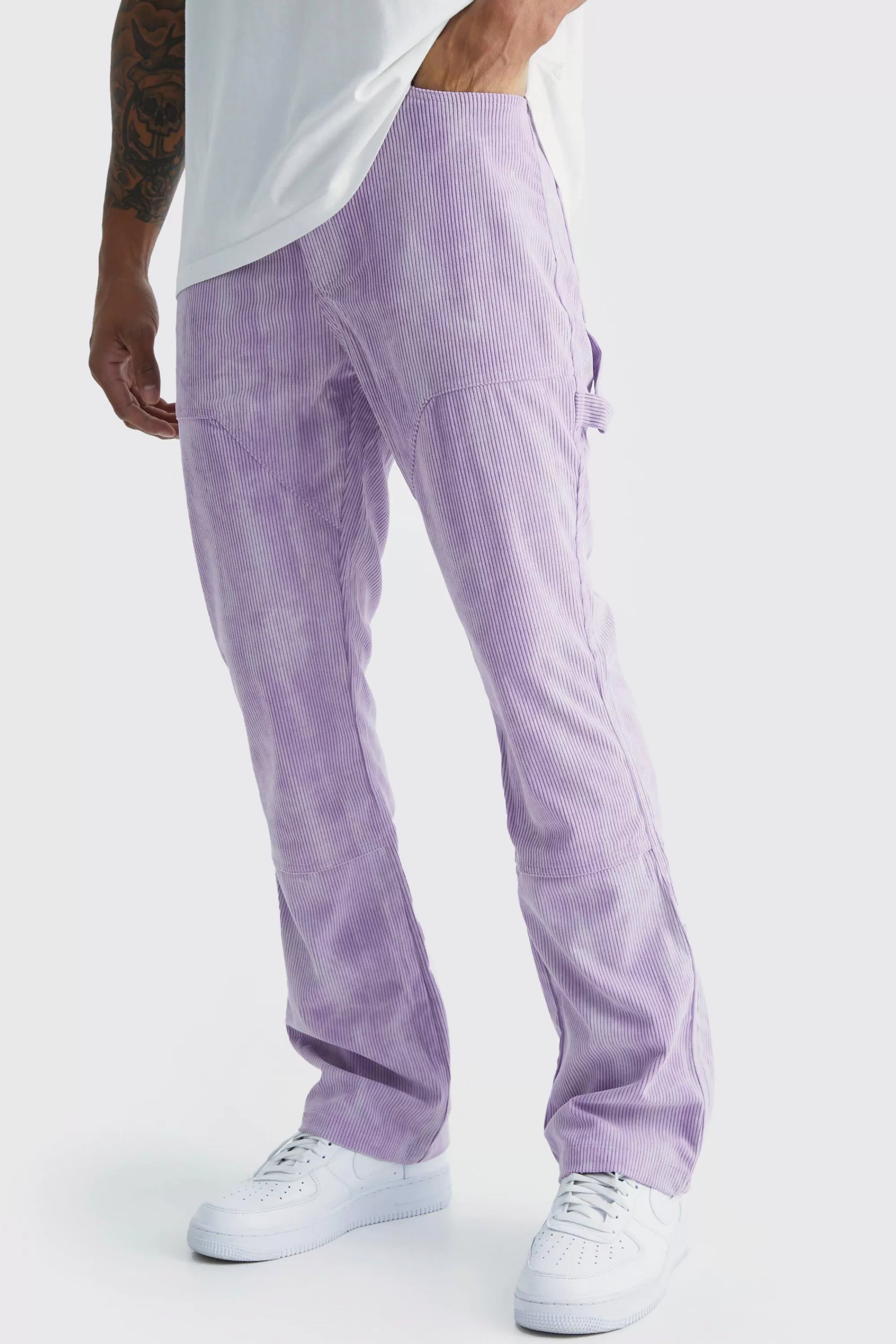 boohooMAN Fixed Waist Slim Flare Tie Dye Corduroy Trouser | UK
