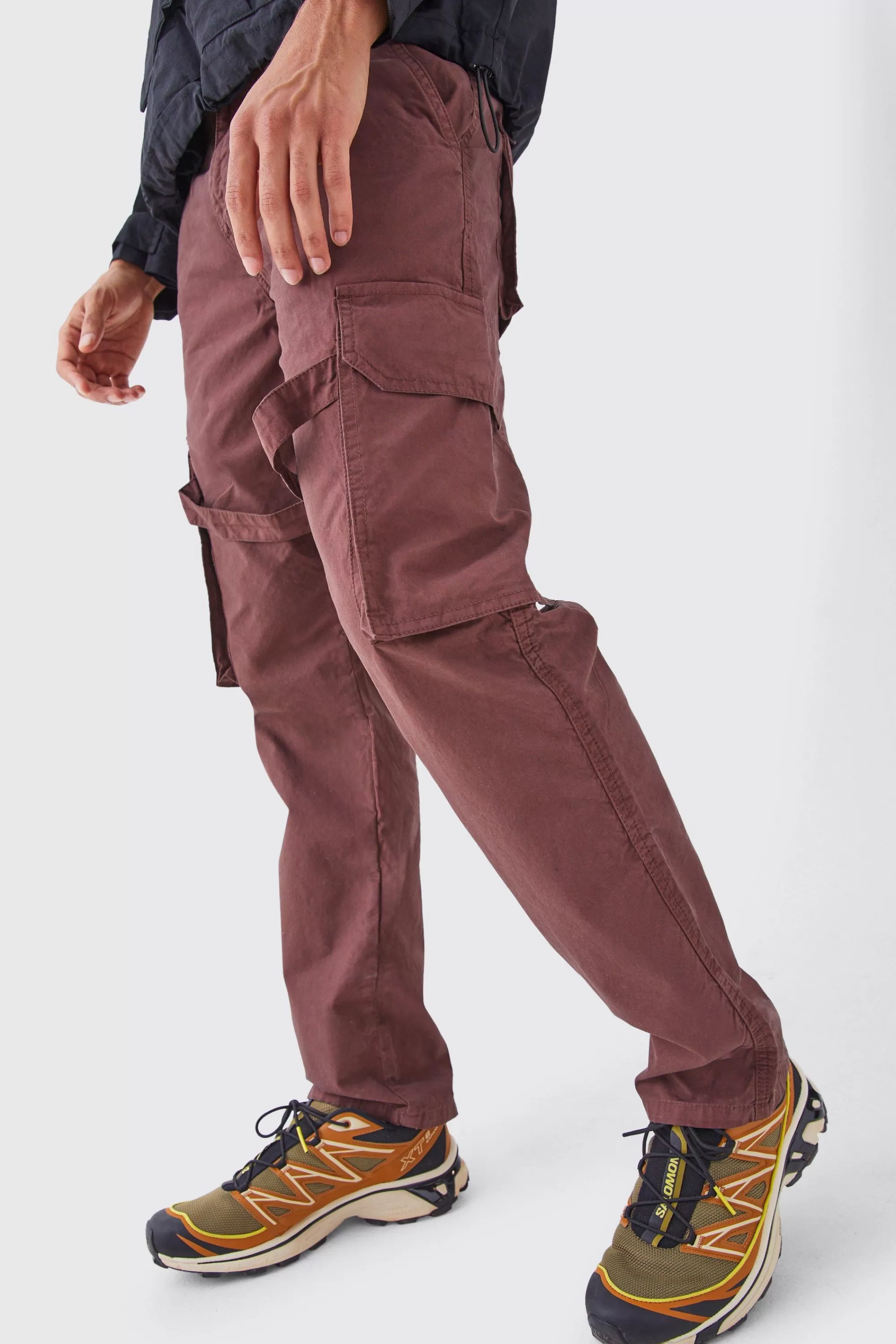 boohooMAN Fixed Waist Strap Detail Straight Leg Trousers | UK