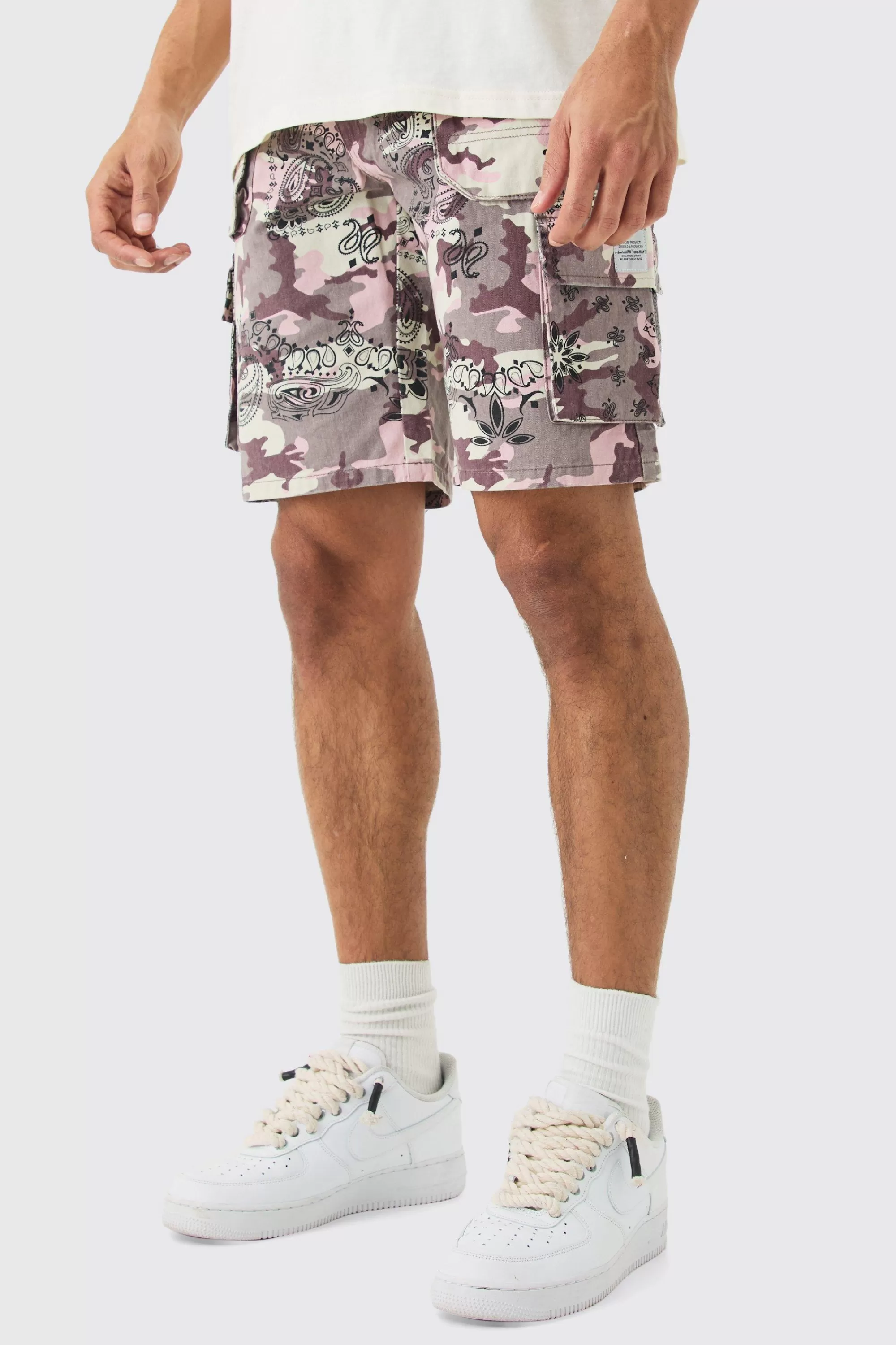 boohooMAN Fixed Waist Woven Tab Bandanna Camo Relaxed Cargo Shorts | UK