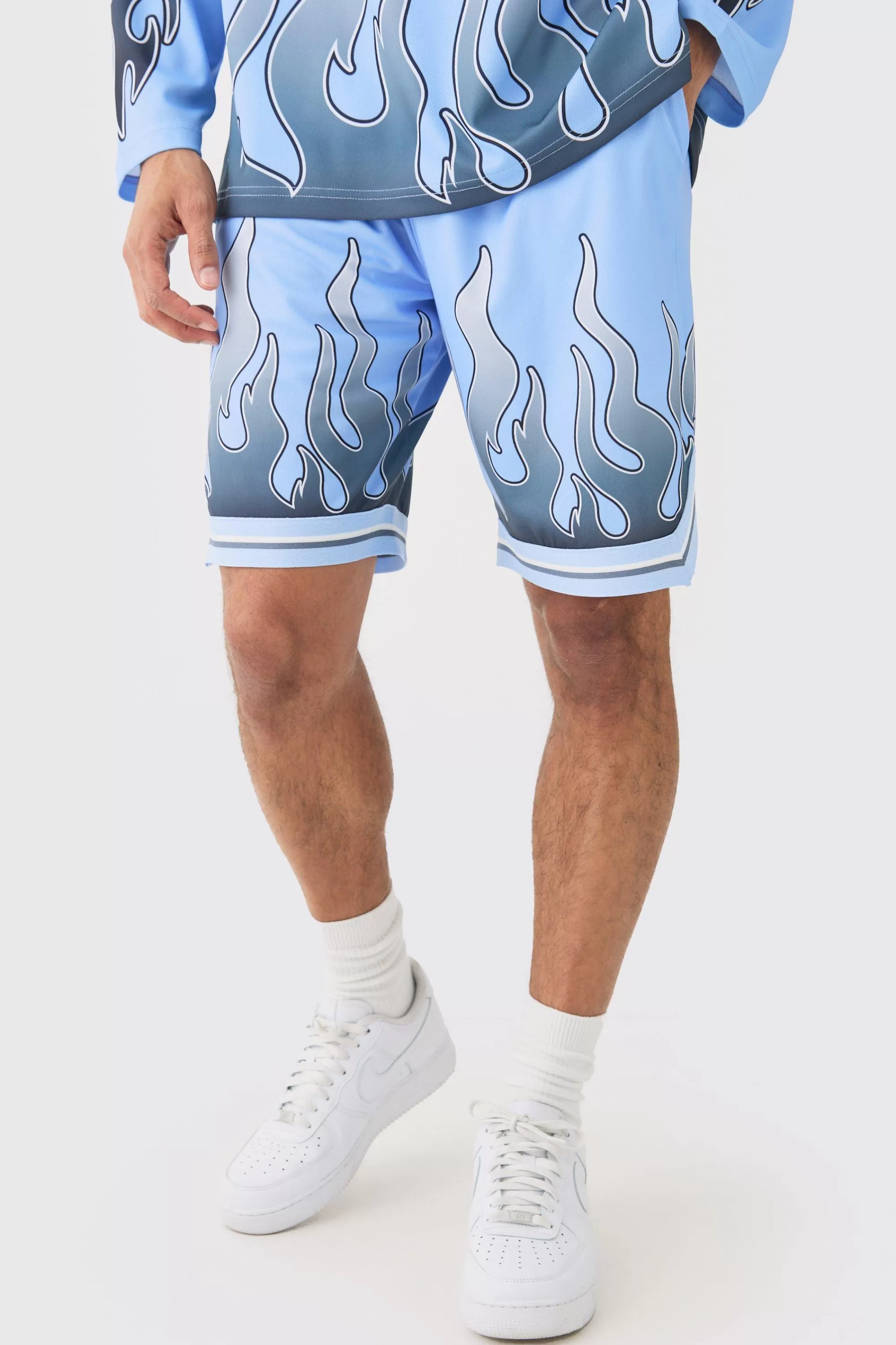 boohooMAN Flame Graphic Mesh Basketball Shorts | UK