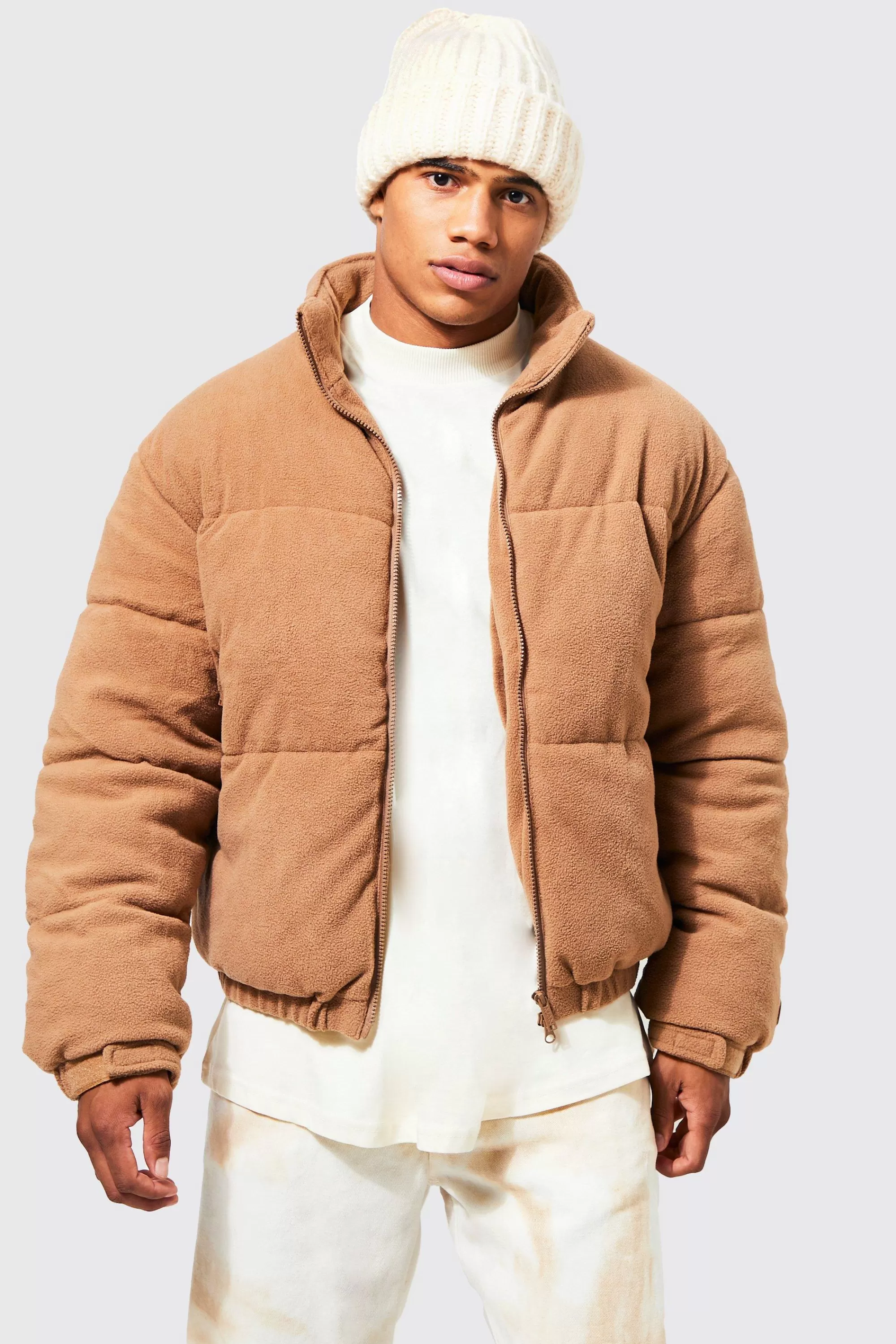 boohooMAN Fleece Boxy Funnel Neck Puffer | UK